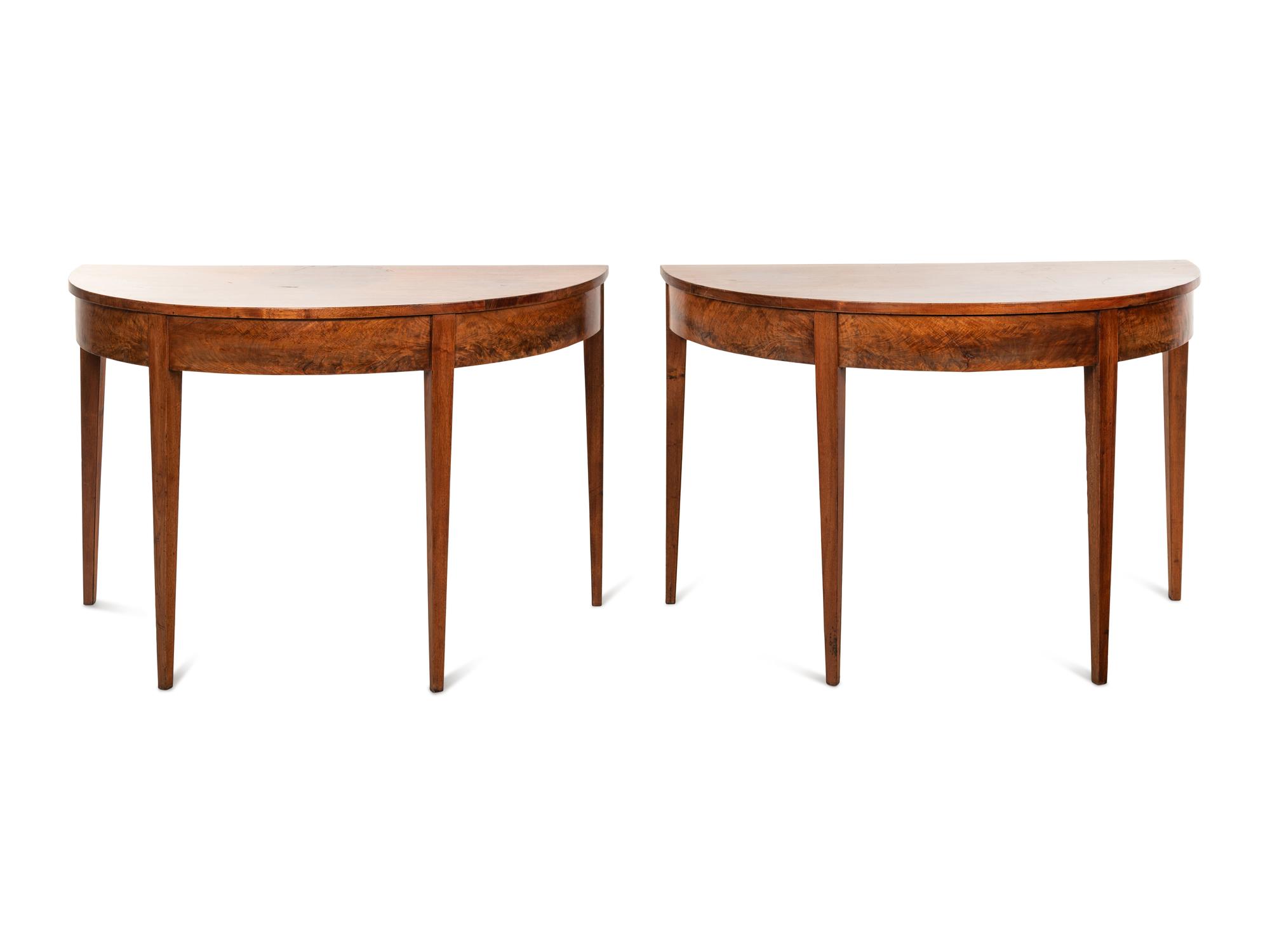 A Pair of George III Walnut Veneer Demilune Console Tables