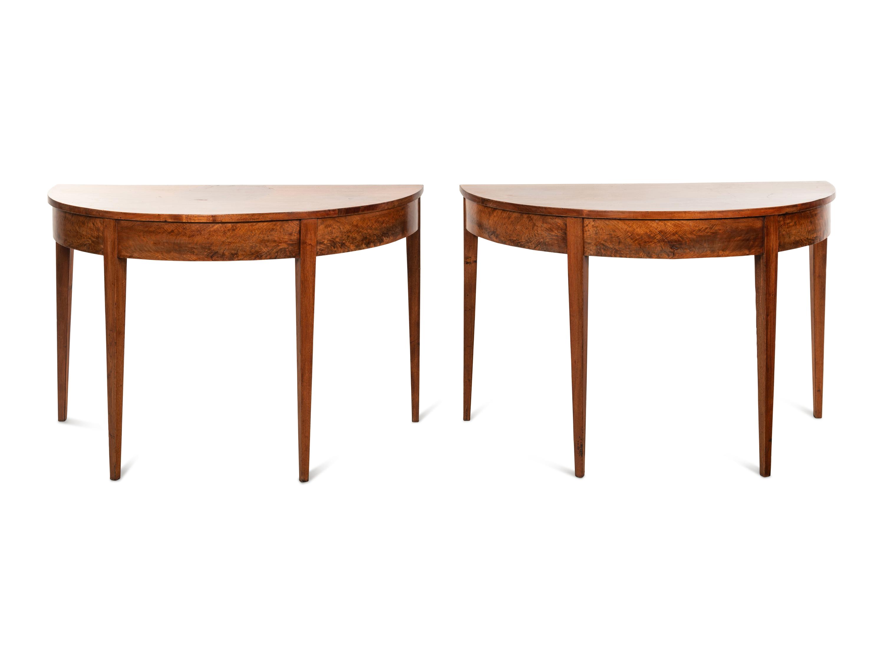 A Pair of George III Walnut Veneer Demilune Console Tables