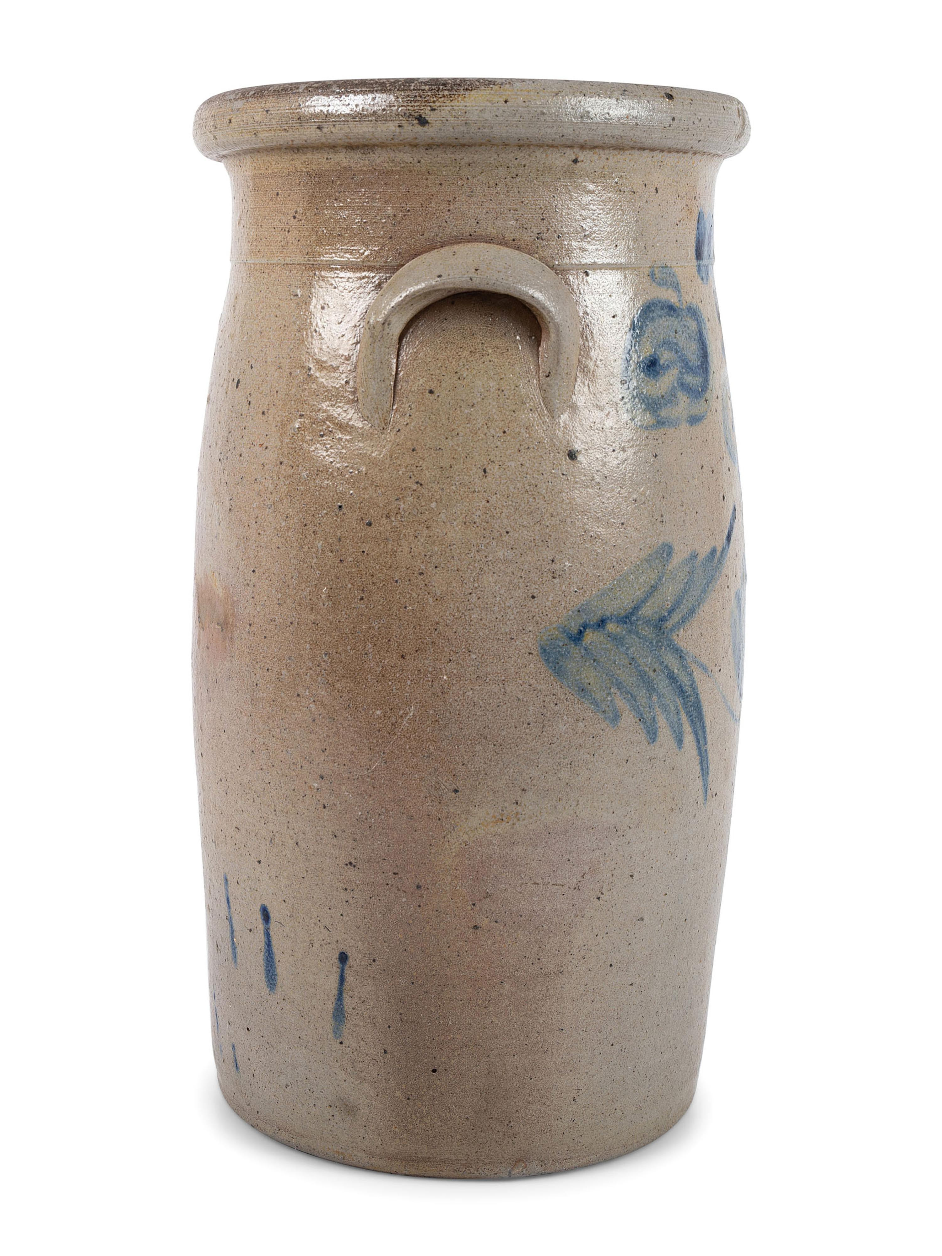 A Three-Gallon Stoneware Crock with Freehand Cobalt Apples
