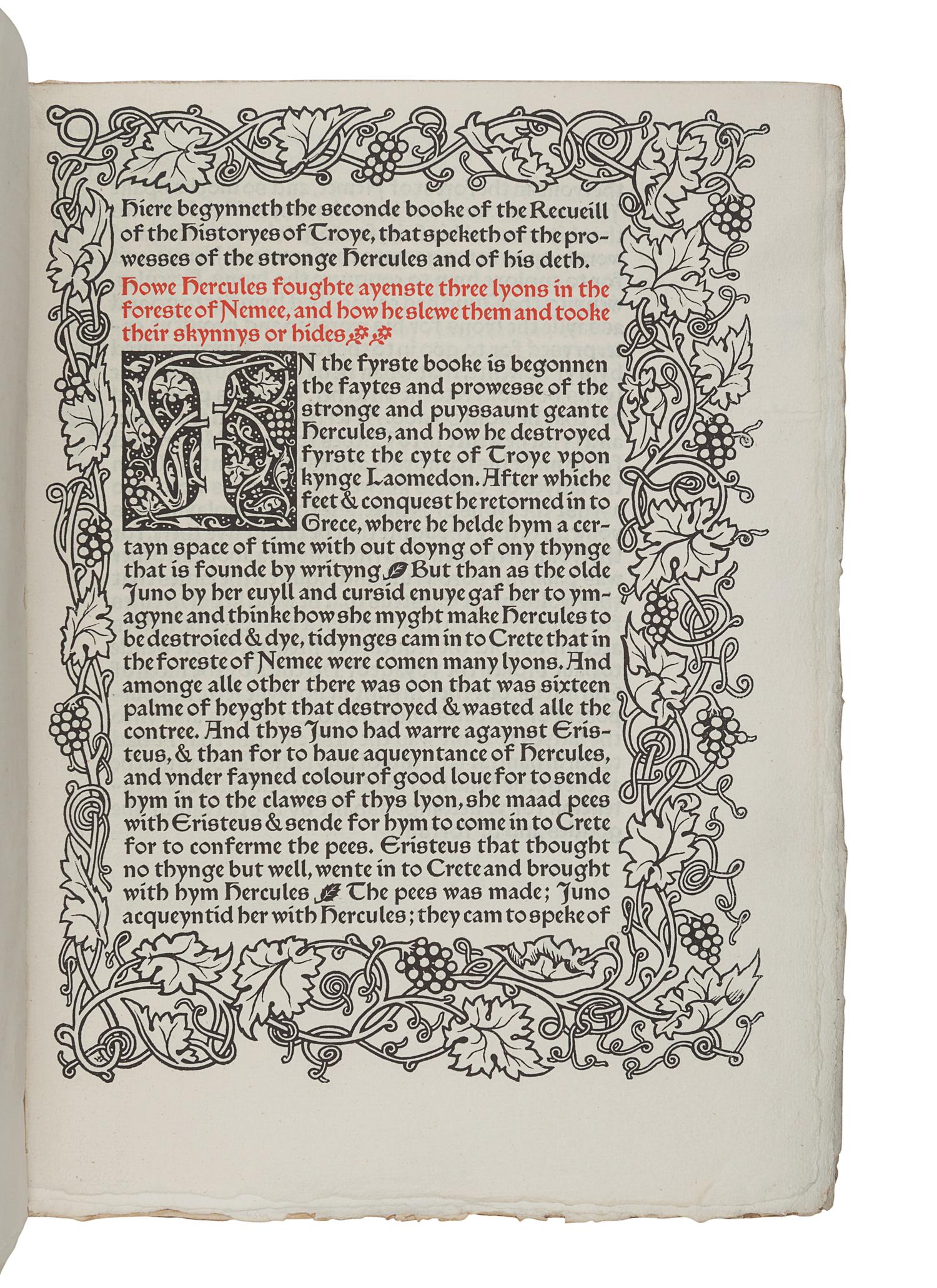 [FINE PRESS & LIVRE D'ARTISTE]. -- [KELMSCOTT PRESS]. LEFEVRE, Raoul. The Recuyell of the Historyes of Troye . Translated by William Caxton, edited by H. Halliday Sparling. Hammersmith: Kelmscott Press, 1892.