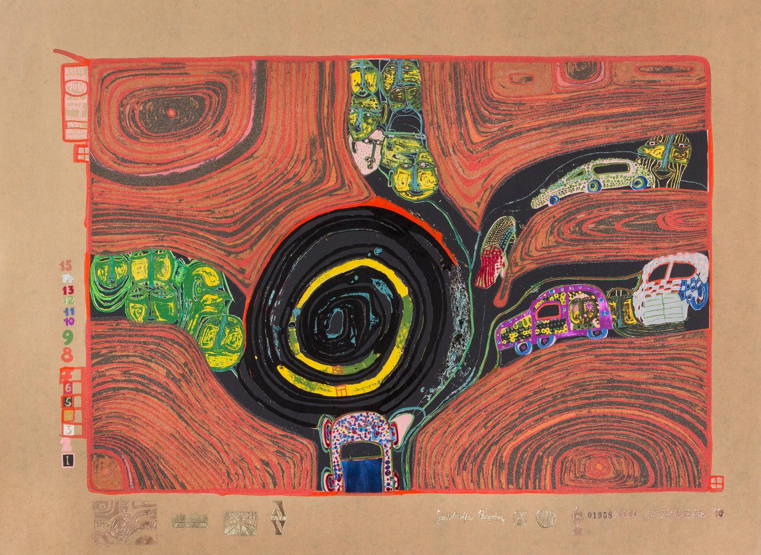 Friedensreich Hundertwasser, (Austrian, 1928-2000), Look at it on a Rainy Day (Regentag Portfolio), 1971-72