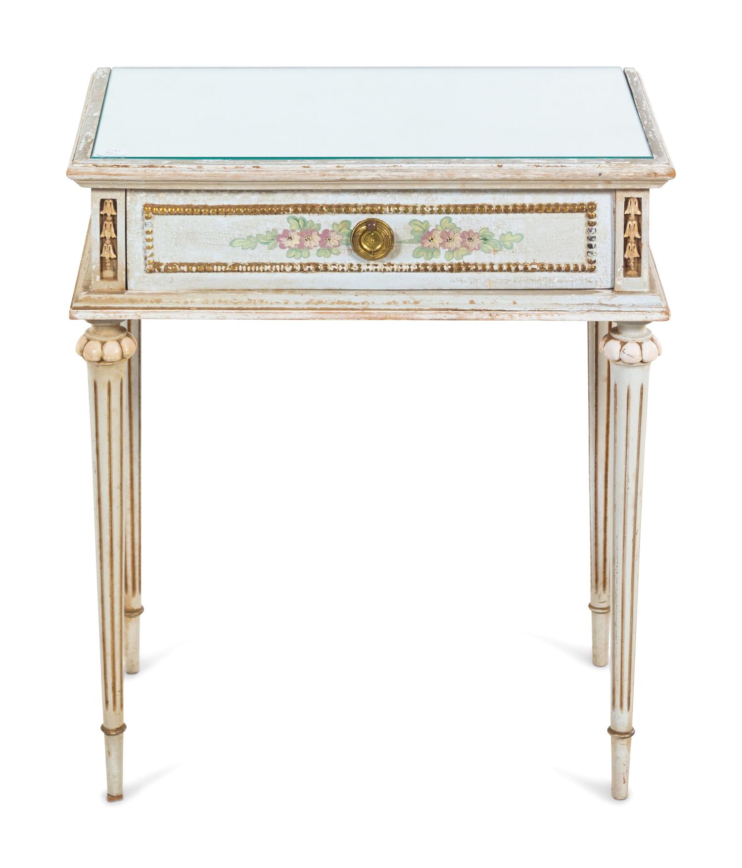 A Louis XVI Style Painted Side Table with a Mirrored Top