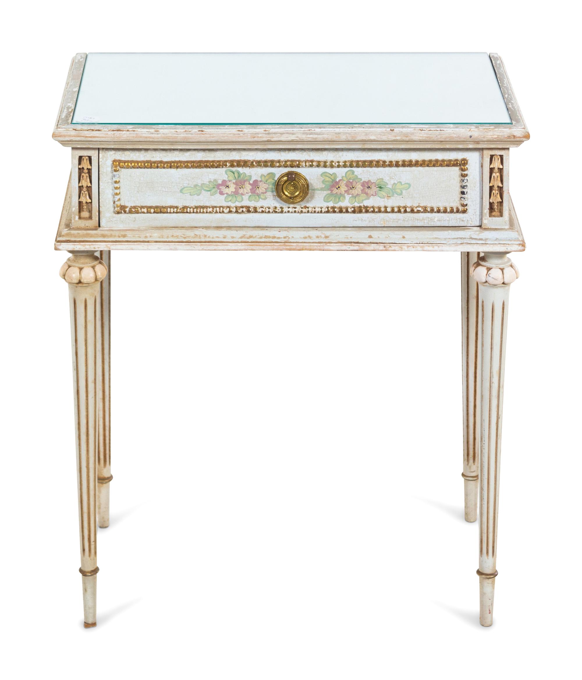 A Louis XVI Style Painted Side Table with a Mirrored Top