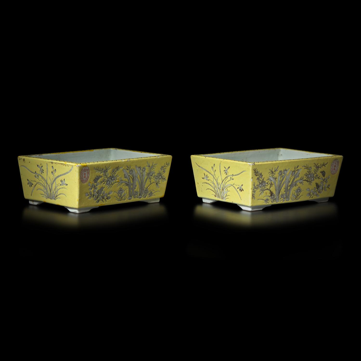 A Pair of Chinese Dayazhai-Type Grisaille Decorated Yellow Ground Porcelain Rectangular Jardinières, Republic Period 民國 黃地墨彩花卉紋長方水仙盆一對