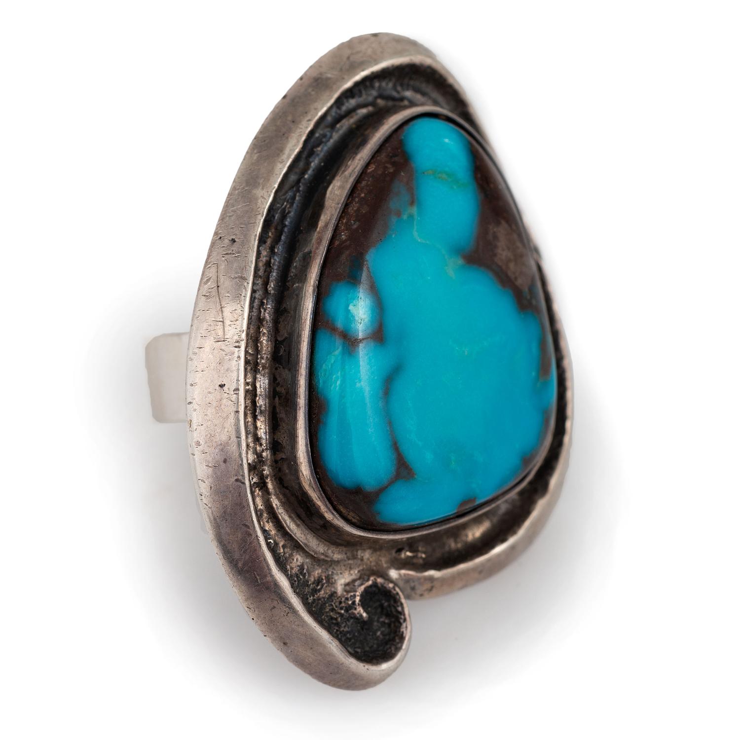 Tufa Cast Silver Ring, Set with a Bisbee Turquoise Cabochon