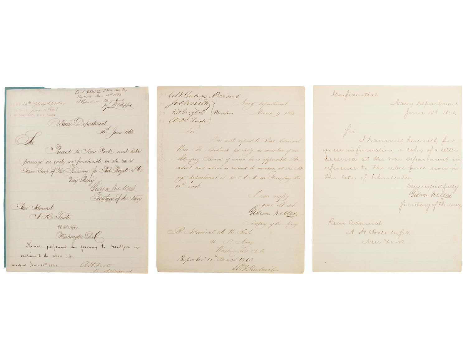 [CIVIL WAR - NAVY]. WELLES, Gideon (1802-1878). FOOTE, Andrew H. (1806-1863).