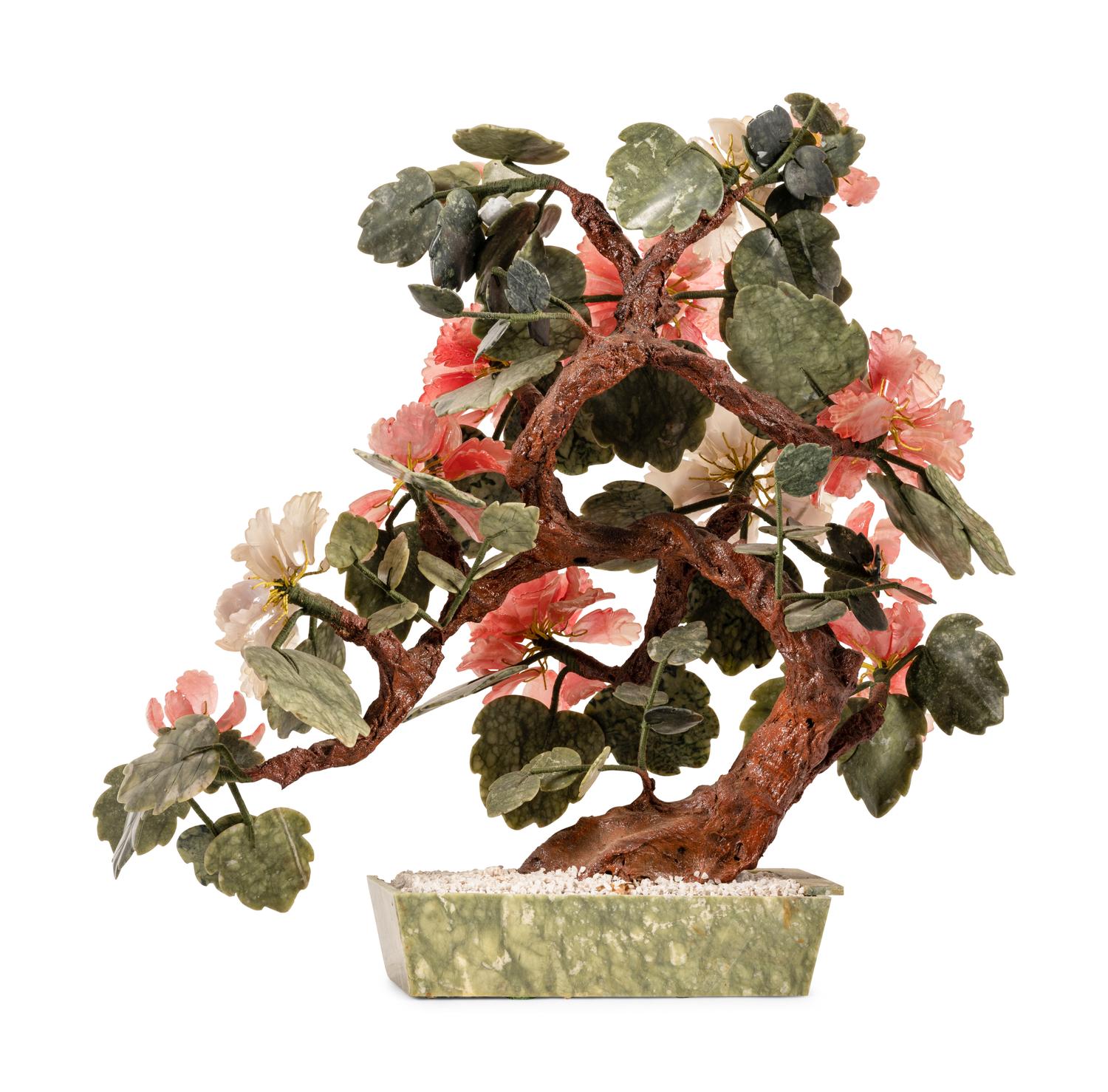 APPROVED FOR DONATION - A Chinese Carved Hardstone Tree with White and Pink Peony Blossoms