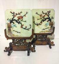 A Pair of Chinese Hardstone Inlaid Table Screens. Height overall 16 3/4 inches.