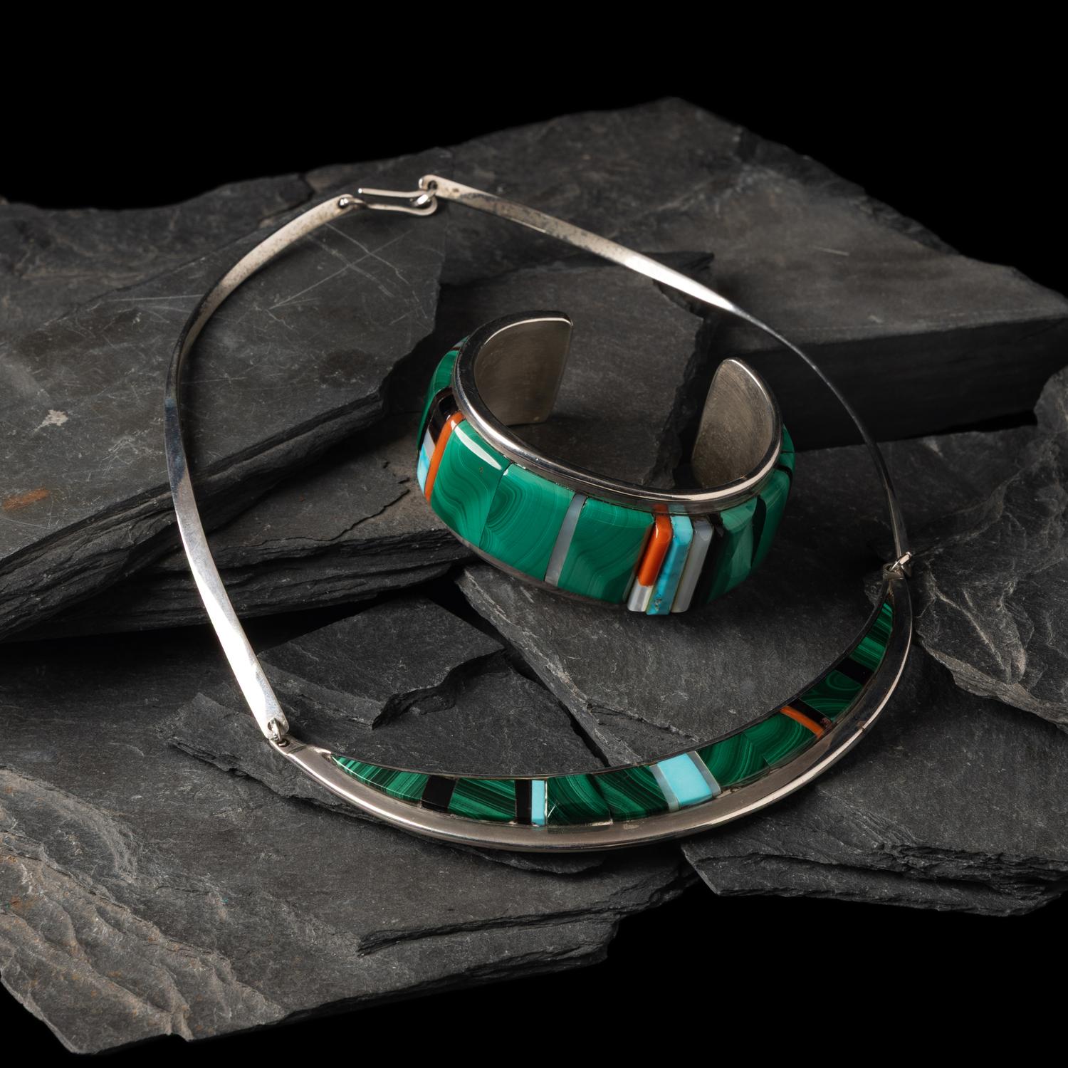Richard Chavez (San Felipe, b. 1949) — Silver and Malachite Collar Necklace and Cuff Bracelet Set