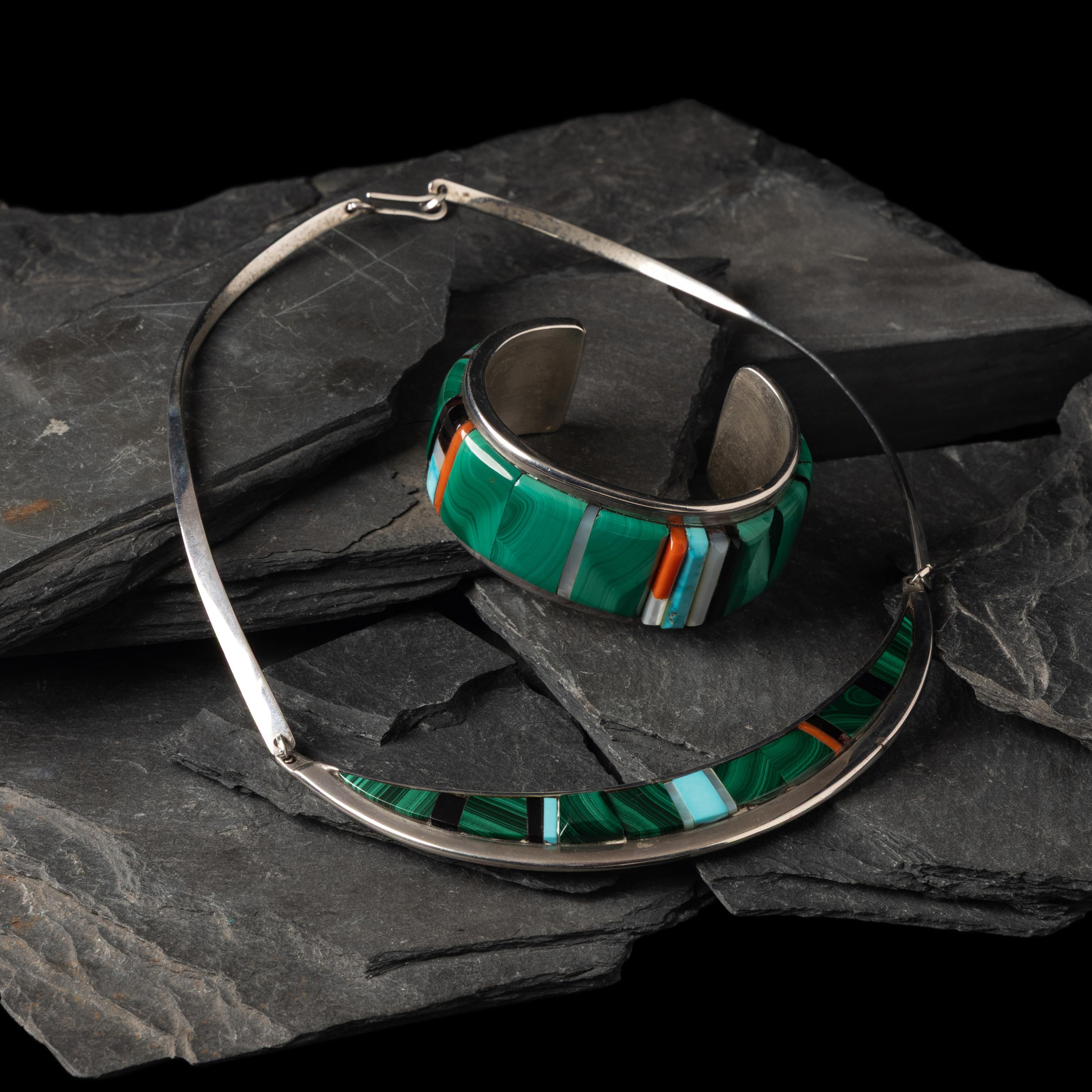 Richard Chavez (San Felipe, b. 1949) — Silver and Malachite Collar Necklace and Cuff Bracelet Set