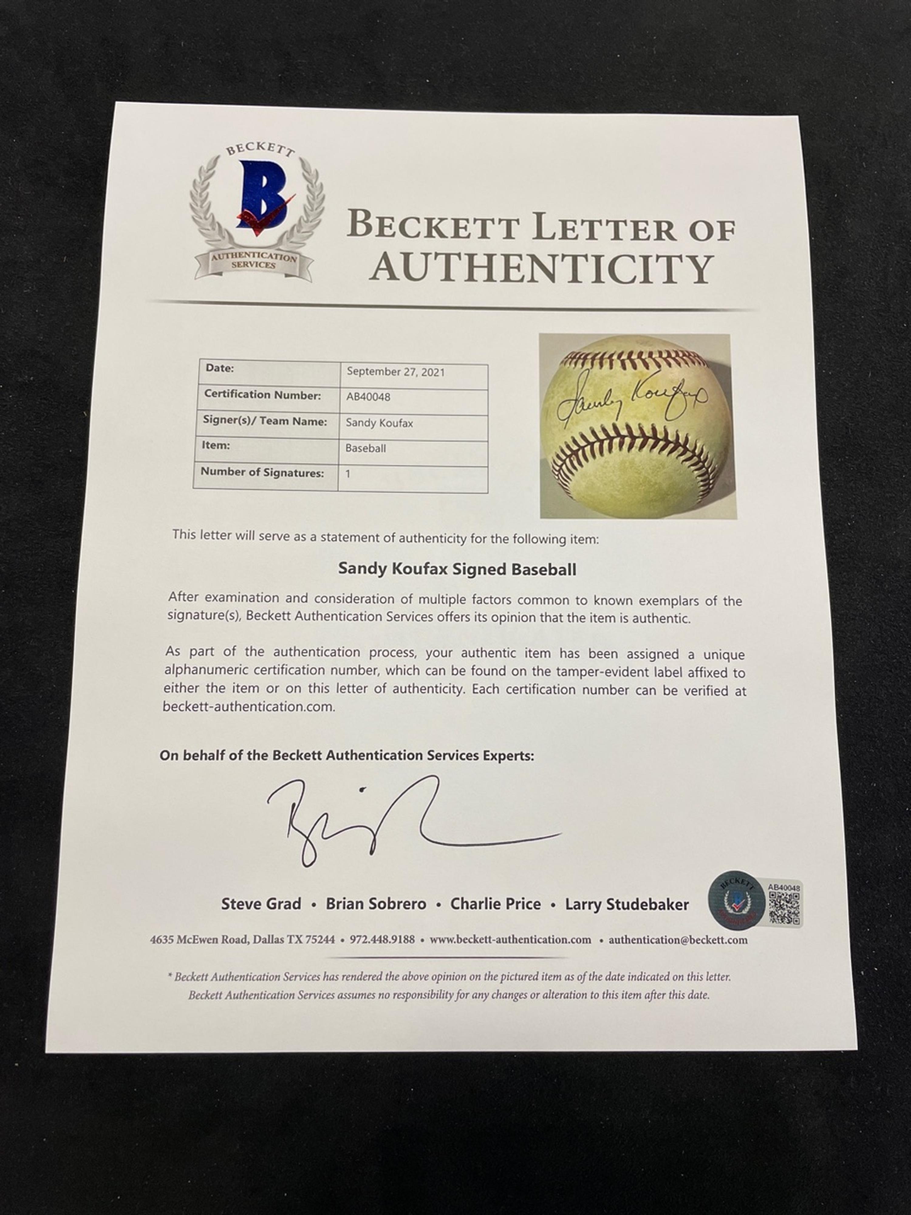 A Sandy Koufax Signed Autograph Baseball (BAS Beckett Authentication Services Certified)