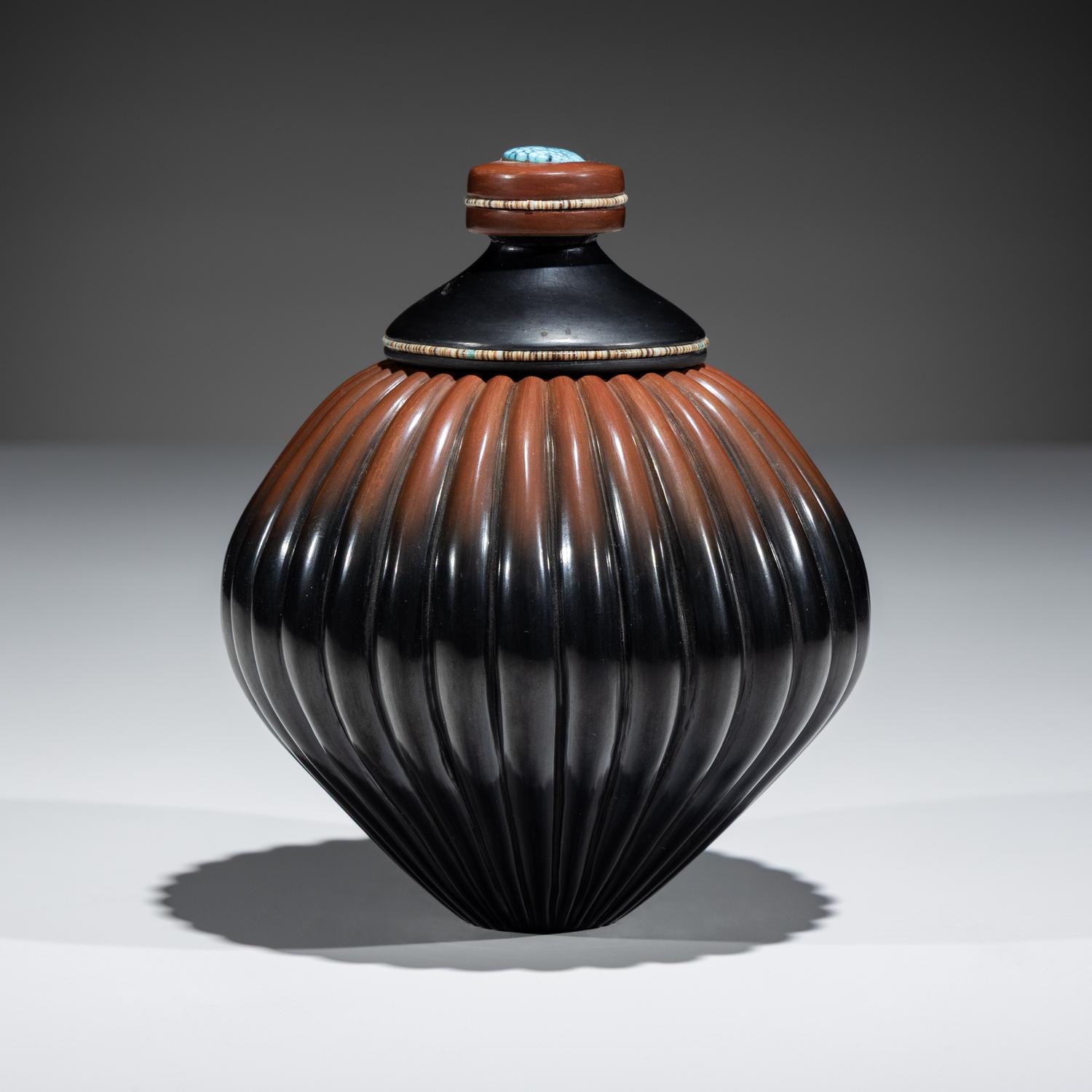 Black and Sienna Melon Jar, with Heishi and Turquoise Cabochon