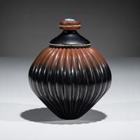 Black and Sienna Melon Jar, with Heishi and Turquoise Cabochon