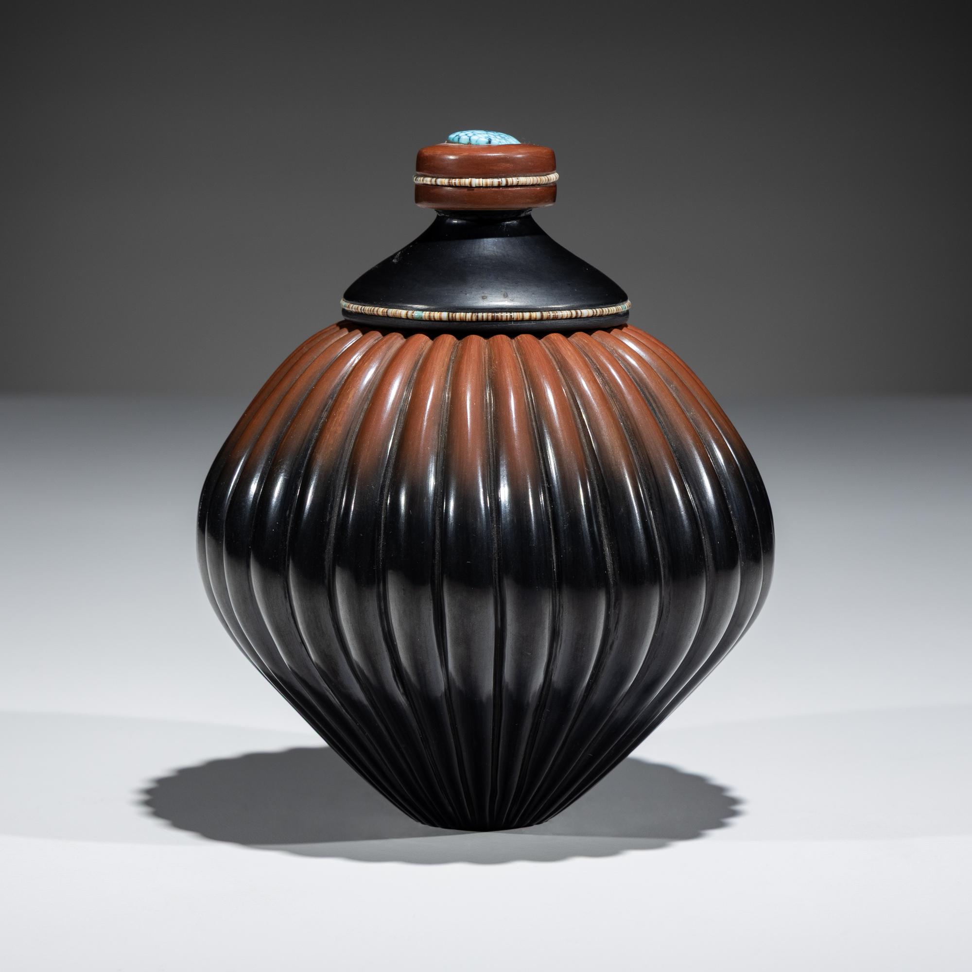 Black and Sienna Melon Jar, with Heishi and Turquoise Cabochon