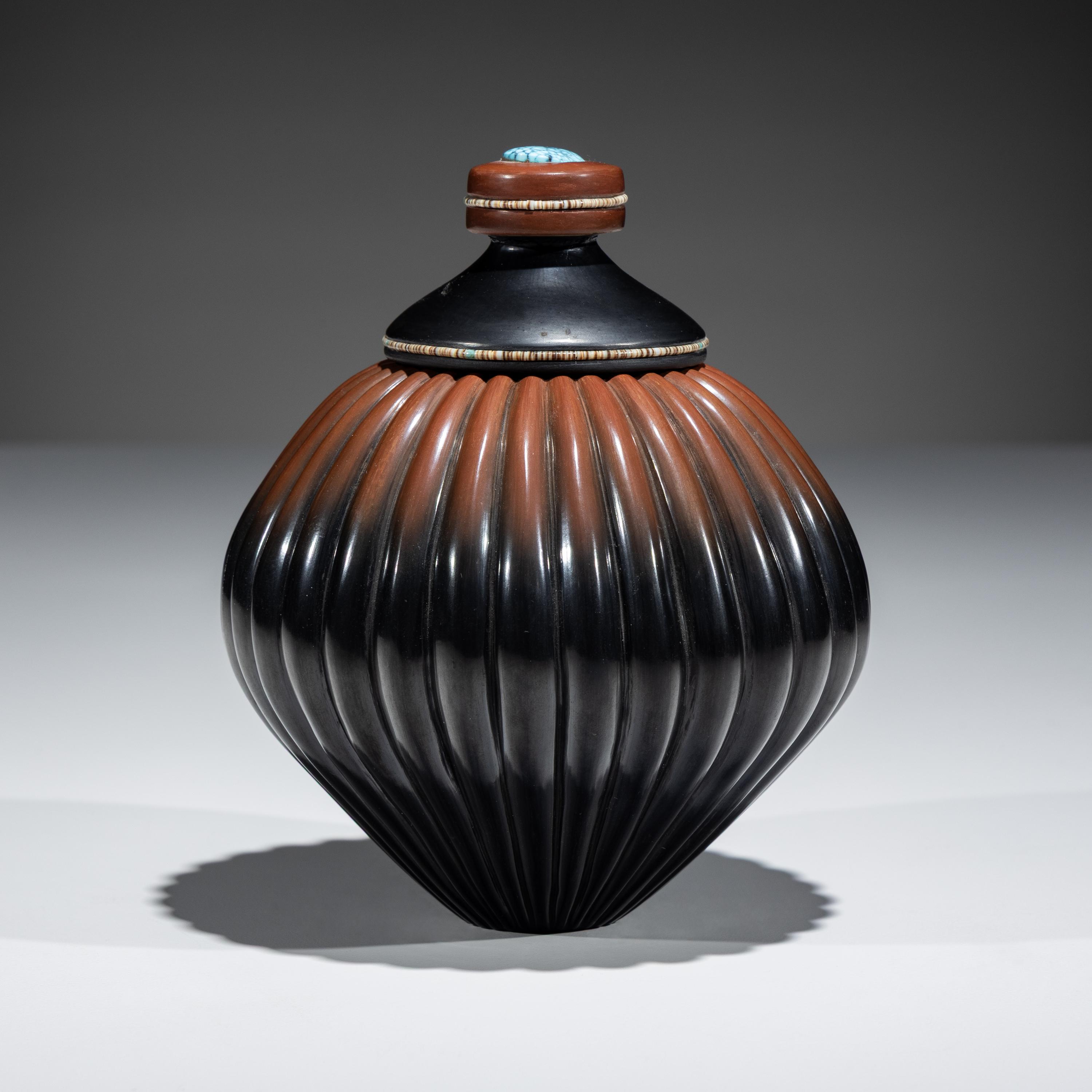 Black and Sienna Melon Jar, with Heishi and Turquoise Cabochon