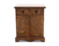 A Burl Walnut and Teak Campaign Jewelry Chest, Height 11 5/8 x width 7 3/4 x depth 10 inches.