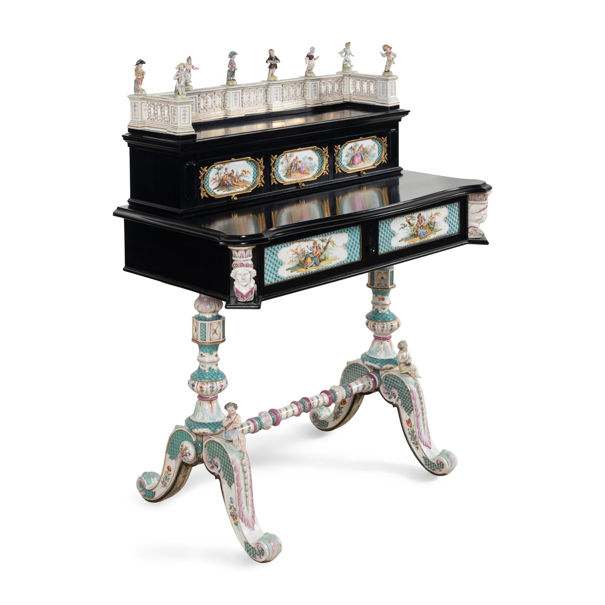 A German Ebonized and Porcelain Mounted Bureau