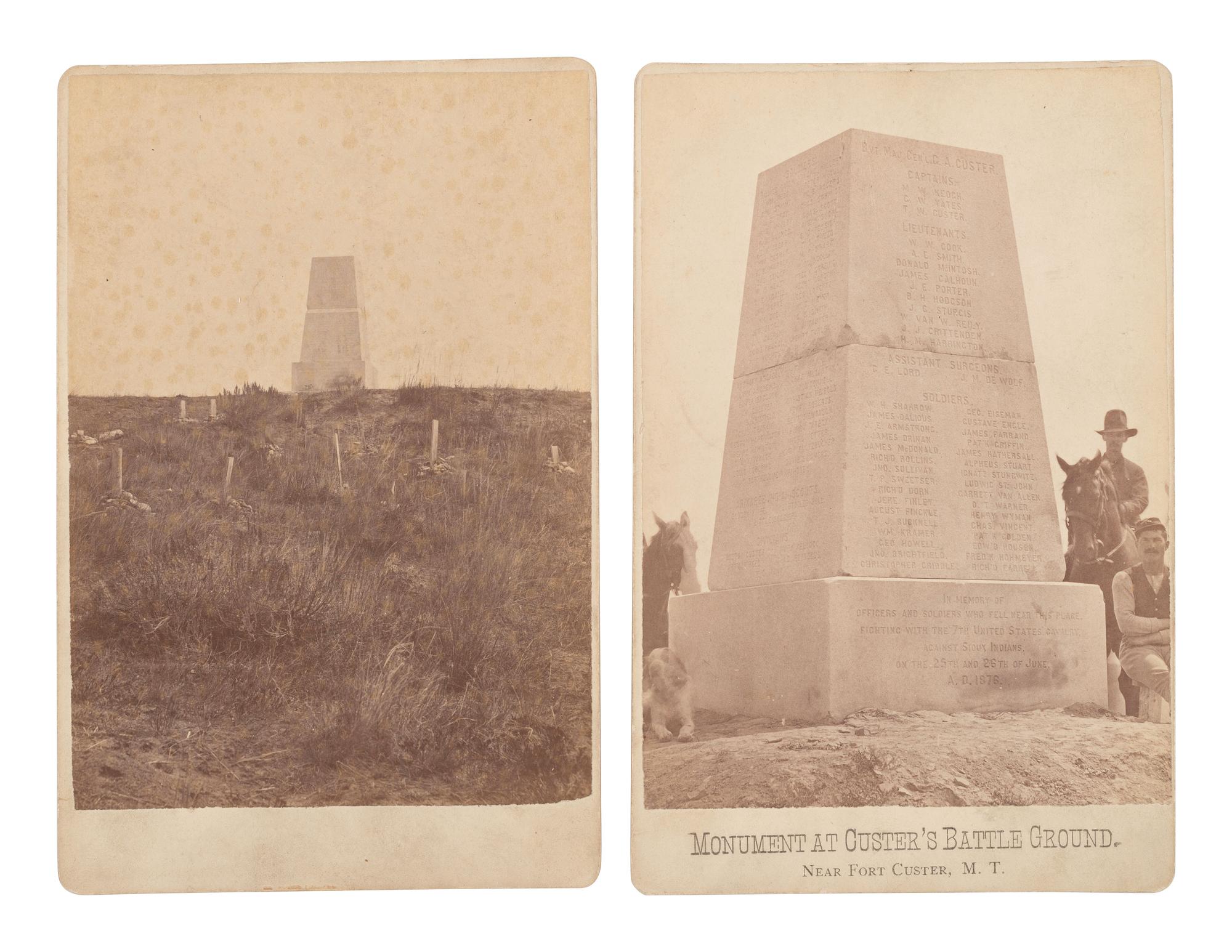 [CUSTER, George Armstrong]. BARRY, David. F. (1854-1934), photographer. Two cabinet cards of the Monument at Custer's Battleground, Near Fort Custer, M.T.
