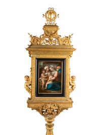 A French Gilt Bronze Double-Sided Tabernacle Encasing Two Enameled Plaques on Marble Pedestal