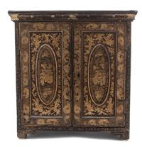 A Chinese Export Black and Gilt Lacquer Chinoiserie Decorated Specimen Cabinet Height 15 x width 14 1/2 x depth 8 1/2 inches. — 19TH CENTURY