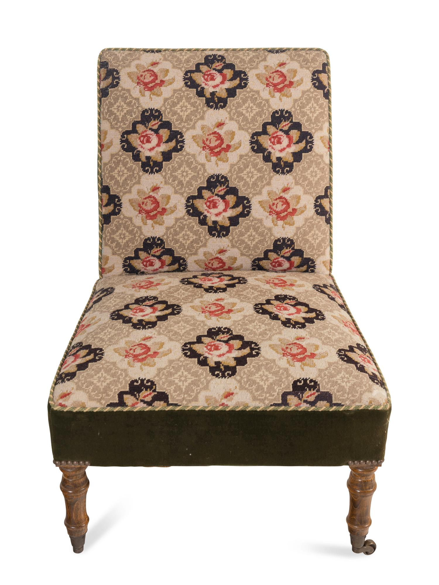 A Pair of Victorian Oak Slipper Chairs with Needlepoint Seats