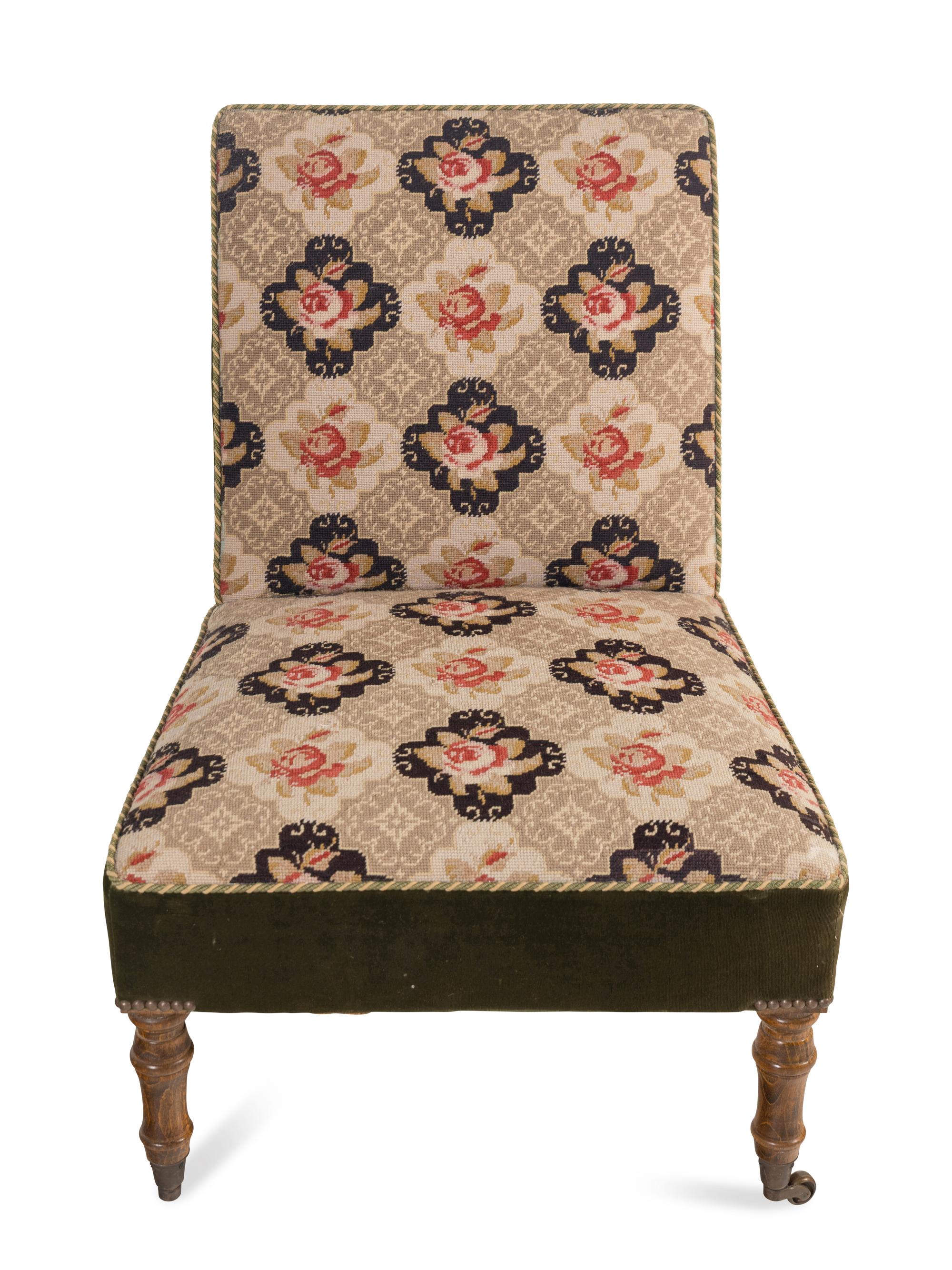 A Pair of Victorian Oak Slipper Chairs with Needlepoint Seats