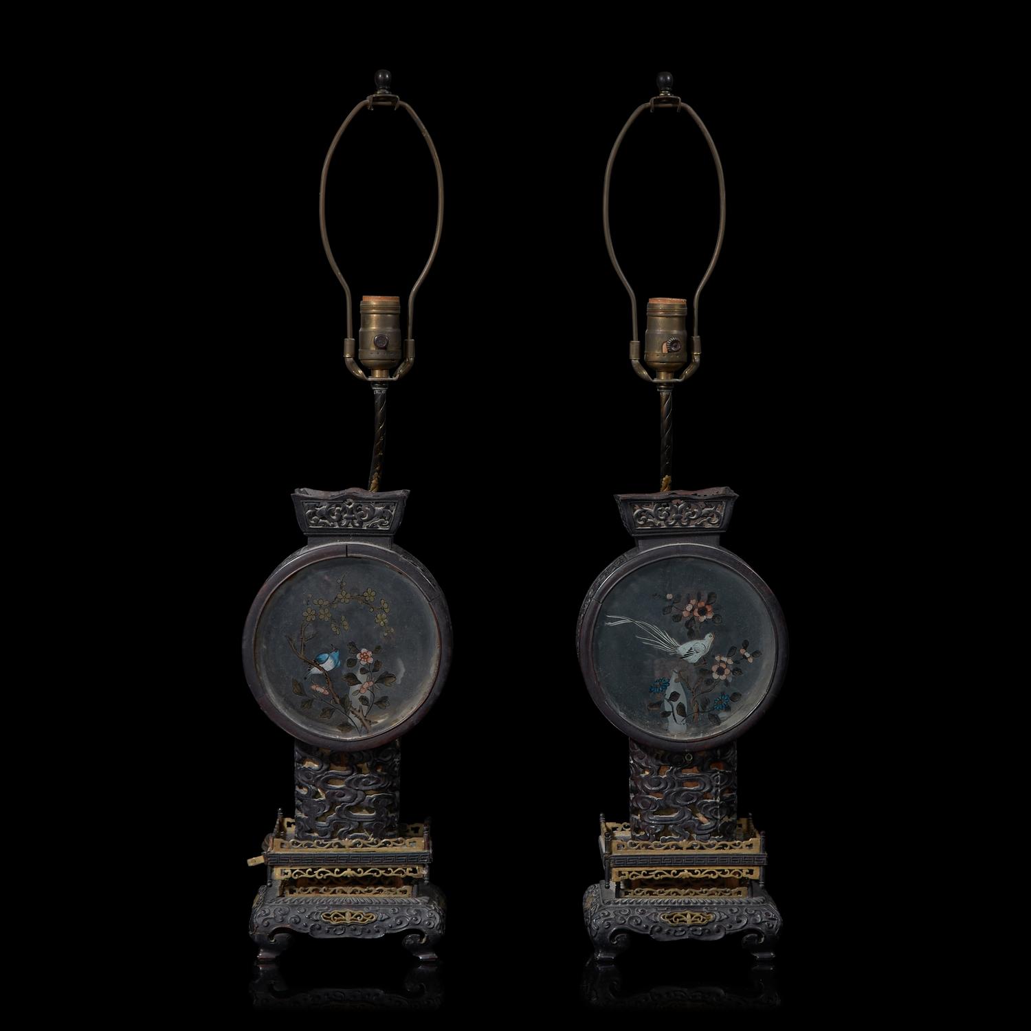 A Pair of Chinese Painted Glass and Carved Wood Lanterns, Mounted as Lamps 硬木嵌彩繪玻璃花鳥圖燈一對