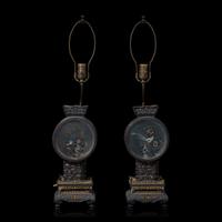 A Pair of Chinese Painted Glass and Carved Wood Lanterns, Mounted as Lamps 硬木嵌彩繪玻璃花鳥圖燈一對