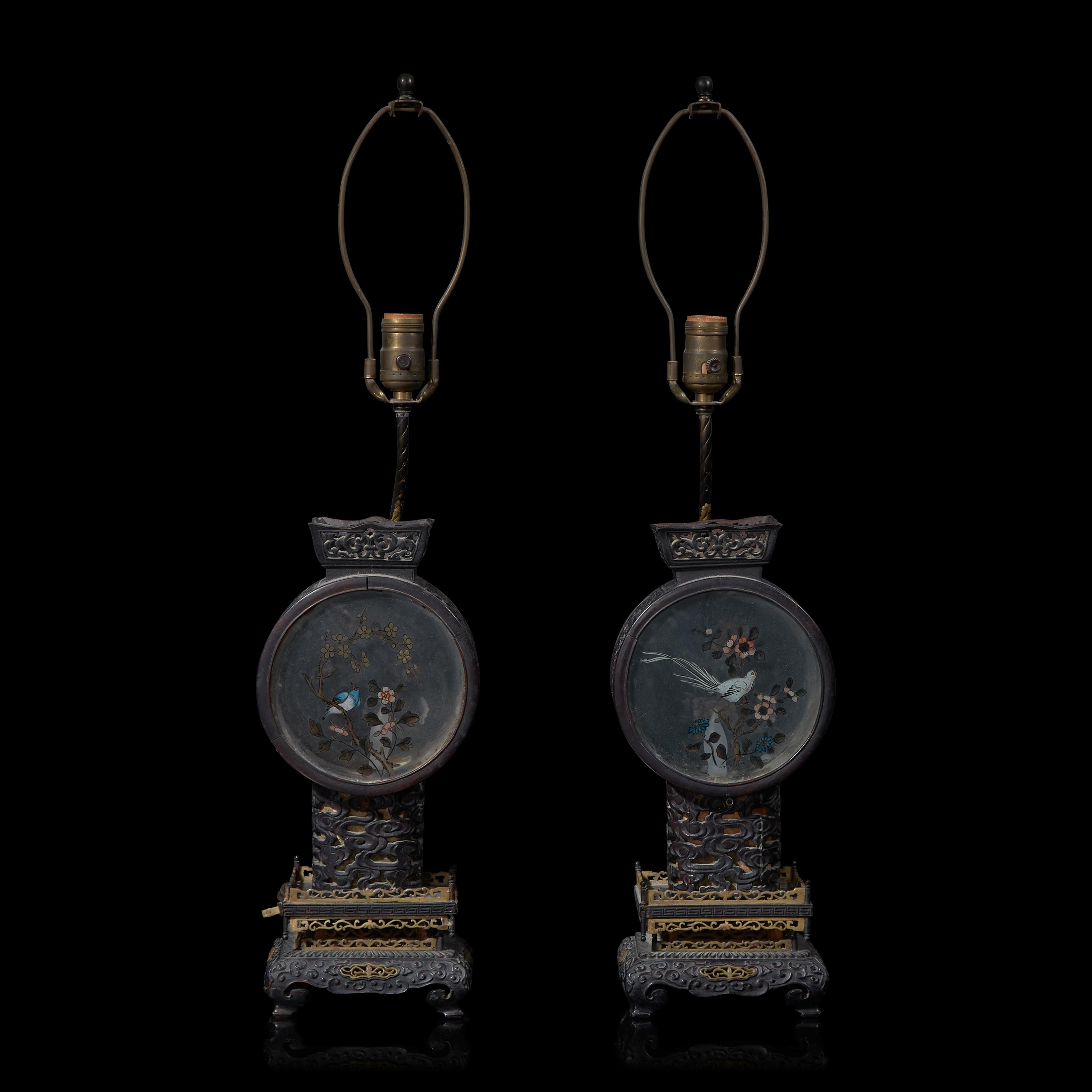 A Pair of Chinese Painted Glass and Carved Wood Lanterns, Mounted as Lamps 硬木嵌彩繪玻璃花鳥圖燈一對
