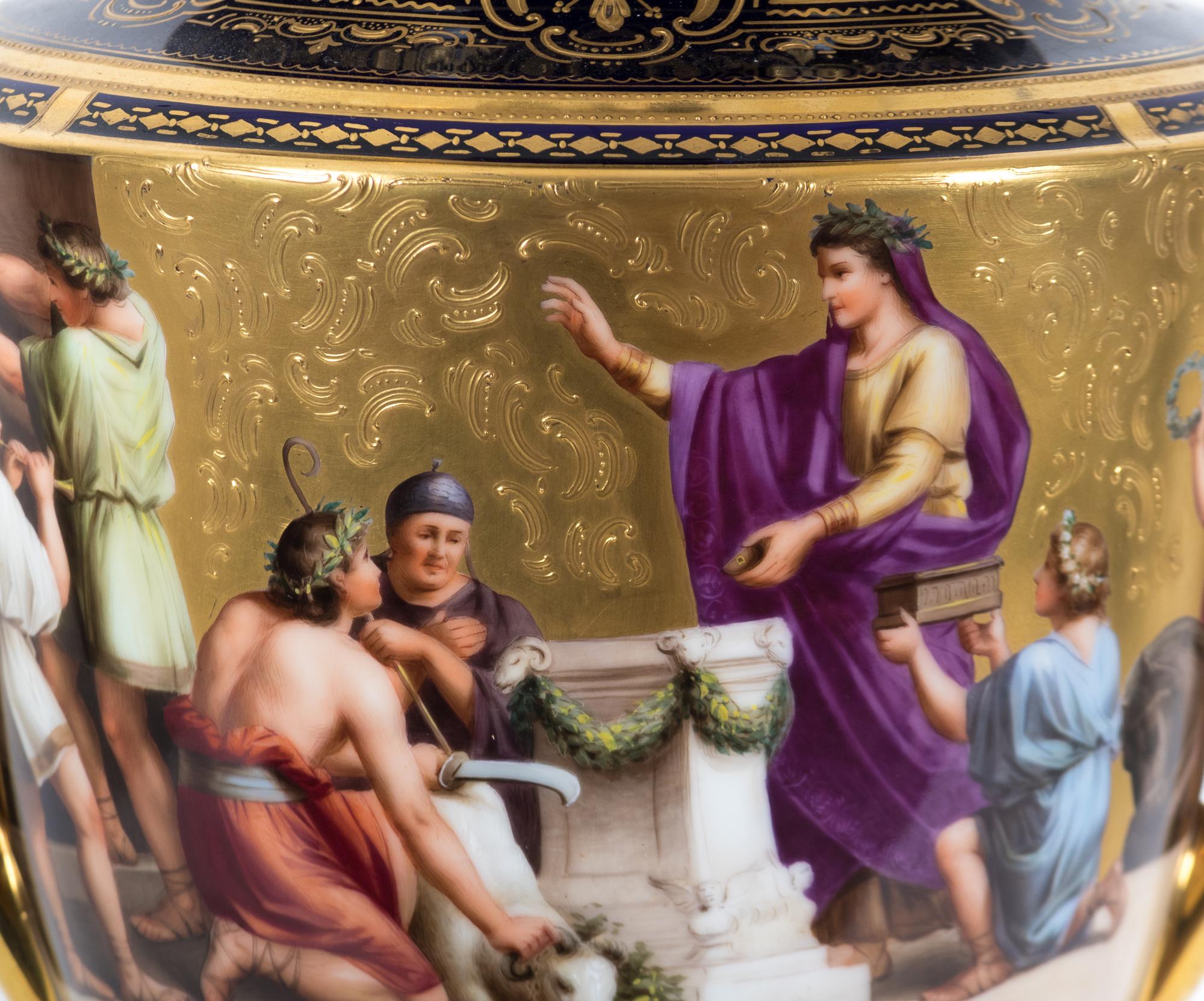 A Vienna Porcelain Urn, Cover and Stand Mounted as a Lamp