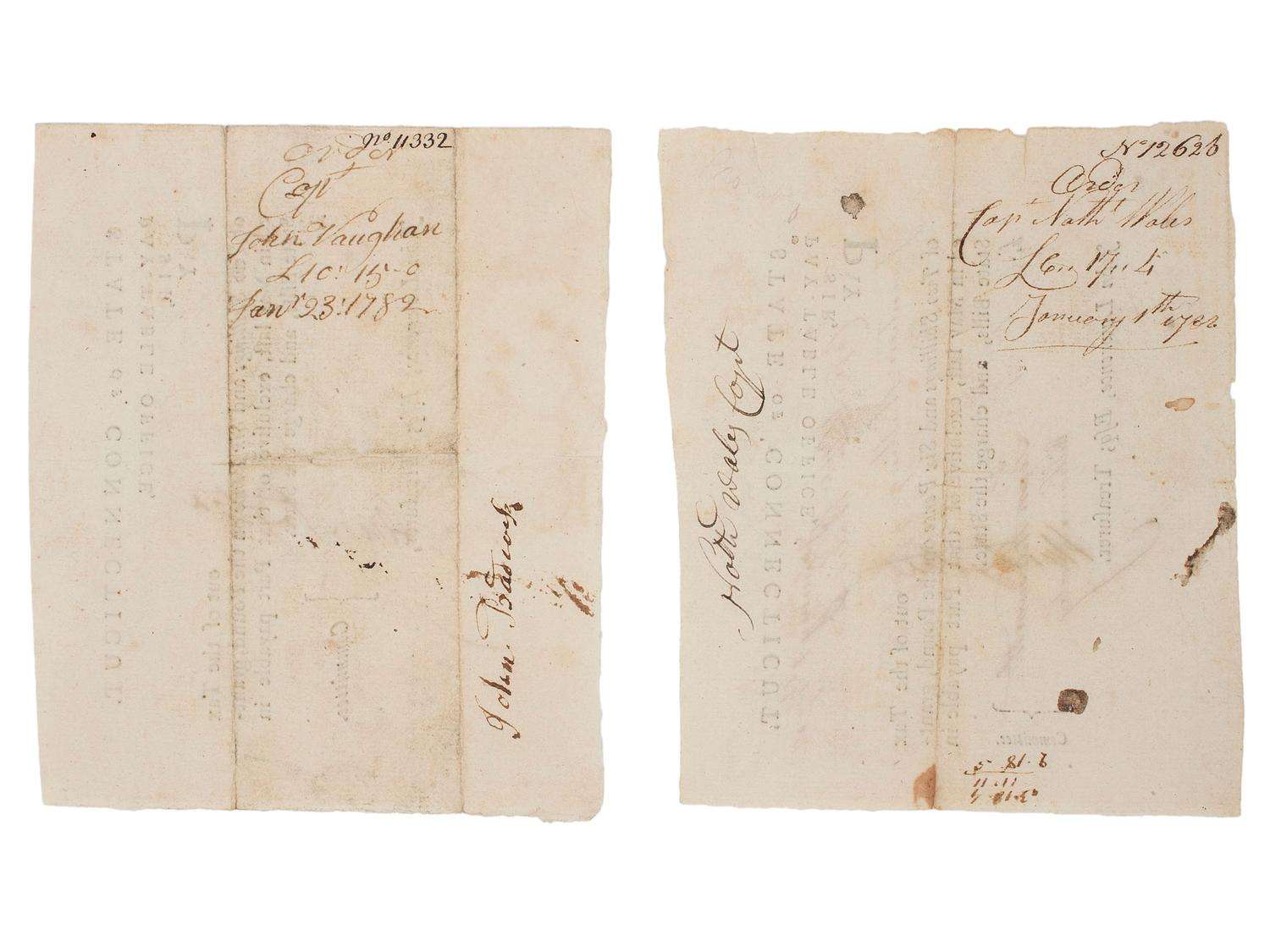 [REVOLUTIONARY WAR]. MOSELEY, William, Fenn Wadsworth and Eleazer Wales; Pair of Connecticut Pay-Table documents, 1782.