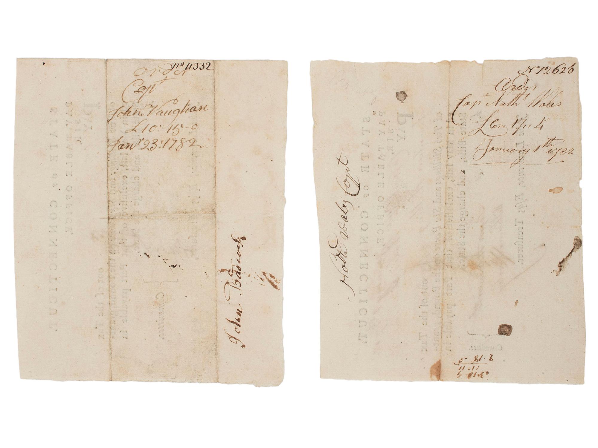 [REVOLUTIONARY WAR]. MOSELEY, William, Fenn Wadsworth and Eleazer Wales; Pair of Connecticut Pay-Table documents, 1782.
