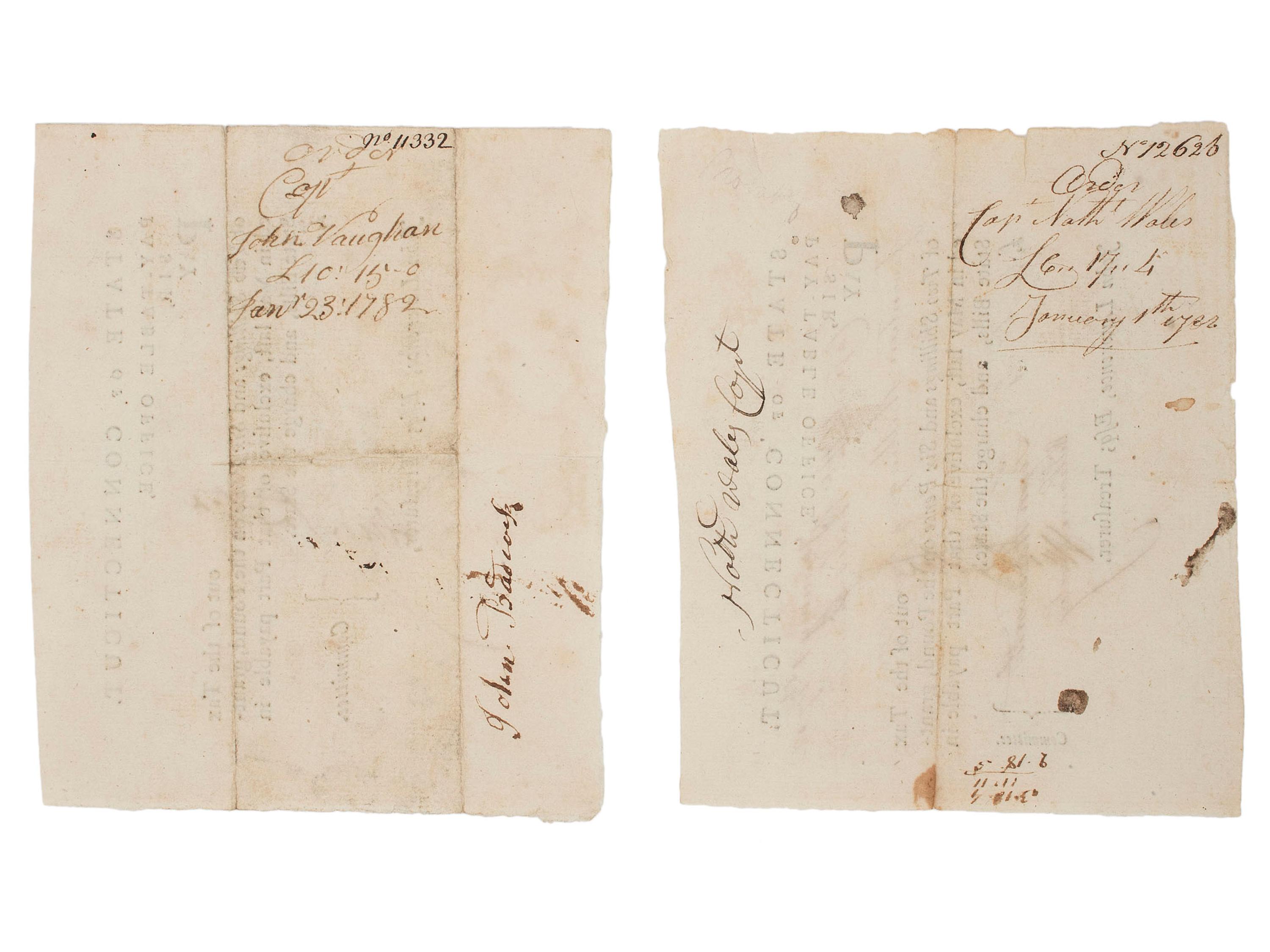 [REVOLUTIONARY WAR]. MOSELEY, William, Fenn Wadsworth and Eleazer Wales; Pair of Connecticut Pay-Table documents, 1782.