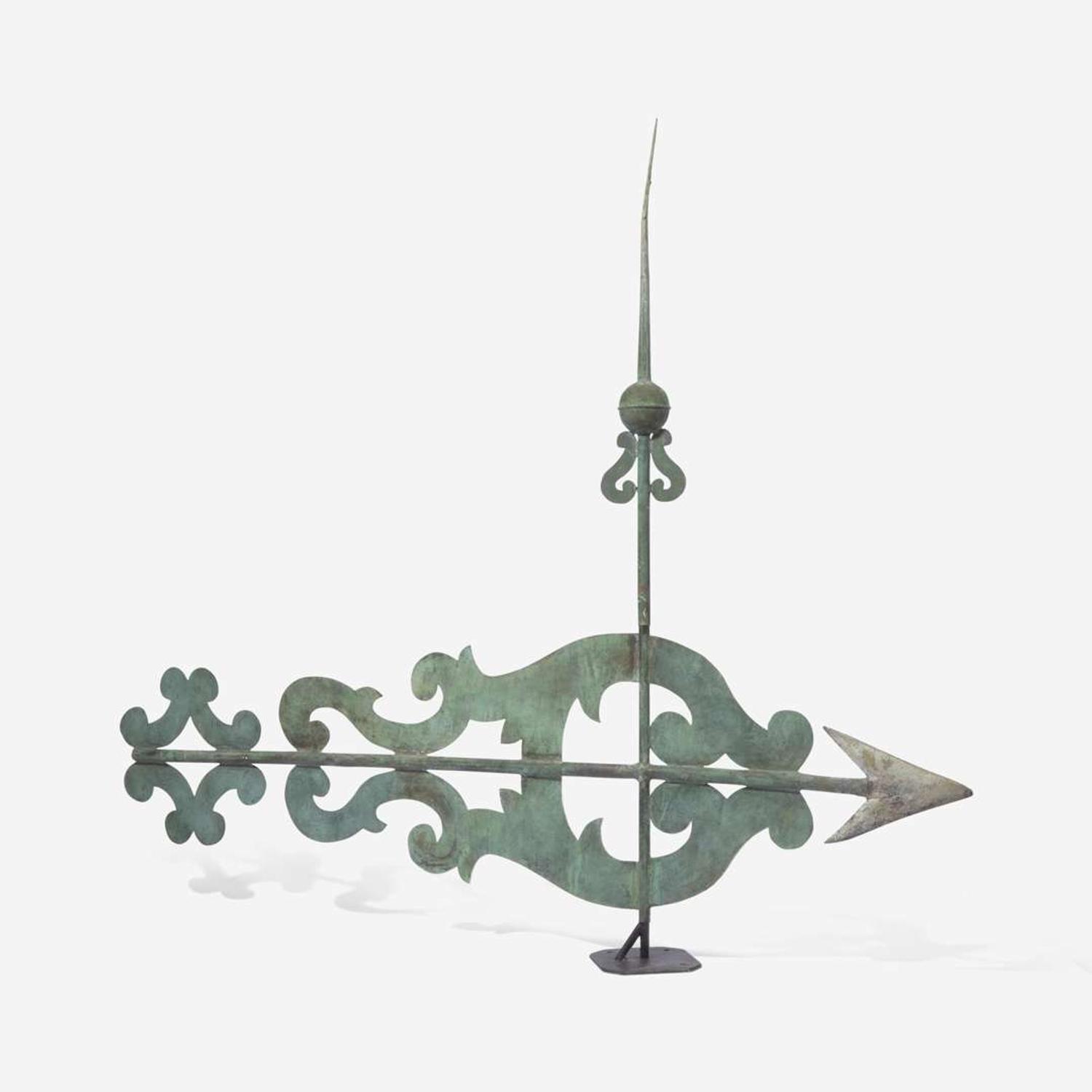 A patinated sheet copper and cast zinc bannerette weathervane late 19th century