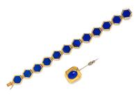 A Collection of Yellow Gold and Lapis Lazuli Jewelry, 22.40 dwts.