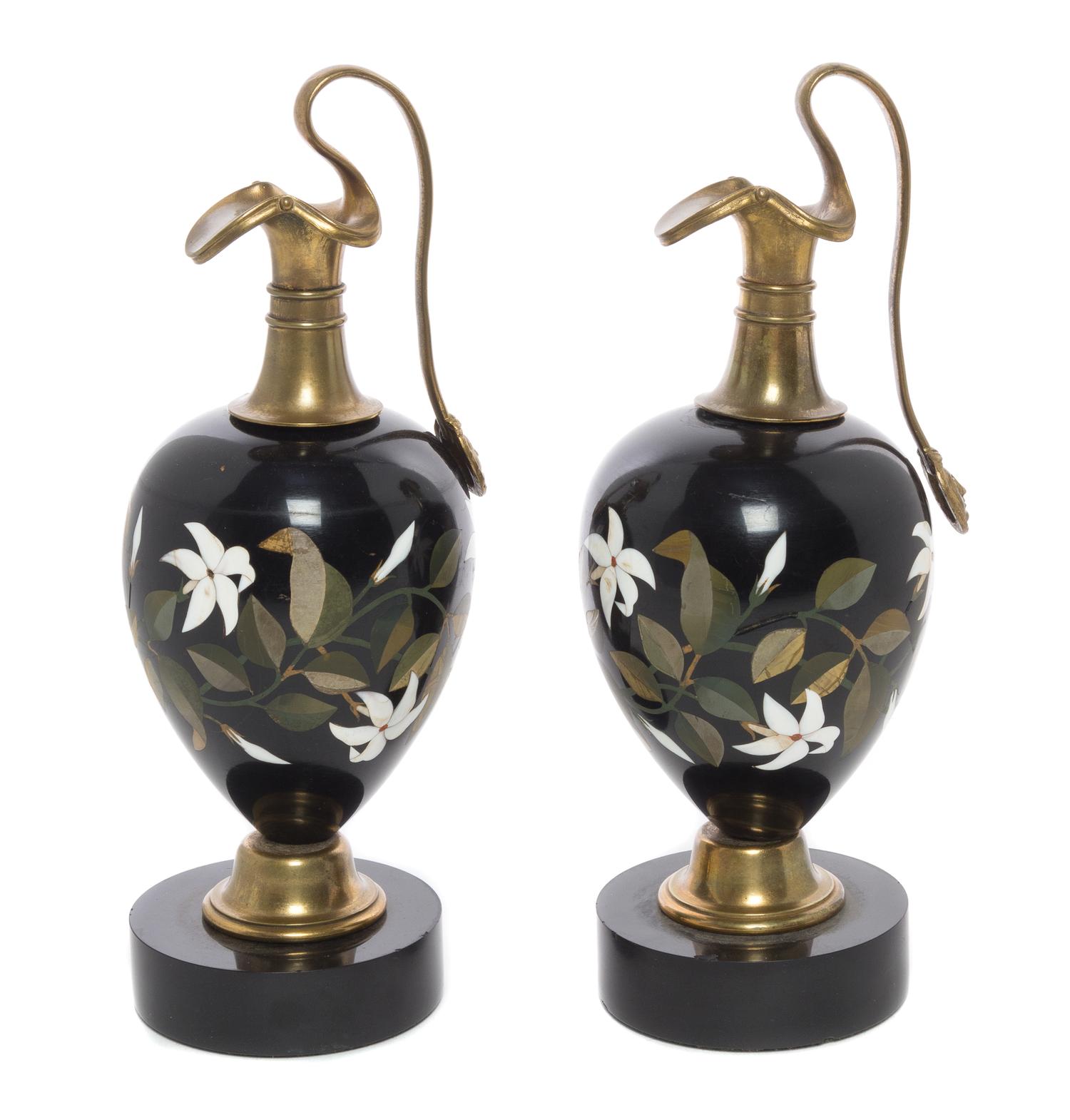A Pair of Continental Pietra Dura Ewers Height 9 1/4 inches. — 19TH/20TH CENTURY
