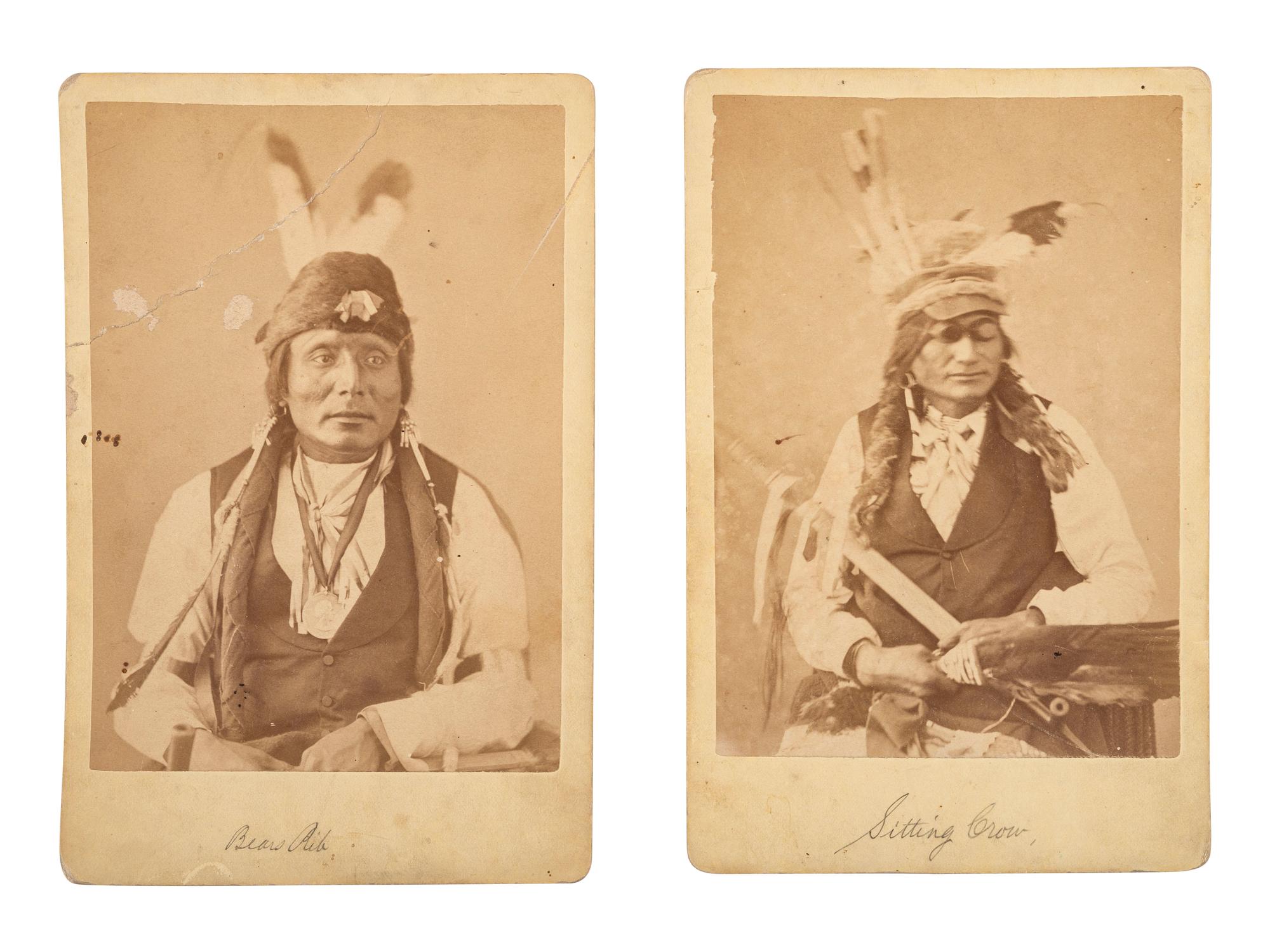 [NATIVE AMERICANS]. [JACKSON, William Henry (1843-1942) photographer]. 2 cabinet cards of Sitting Crow and Bear's Rib. [Washington, DC, ca 1870s].
