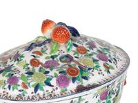 A Transfer-Decorated Glazed Ceramic Tureen with Strawberry-Form Handles