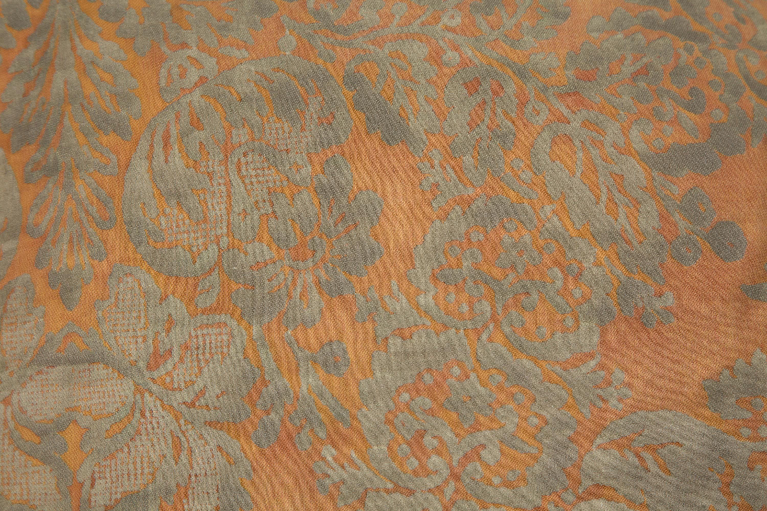 A Fortuny Printed Cotton Bed Spread, Two King Size Pillow Shams and a Square Cushion — 20th Century