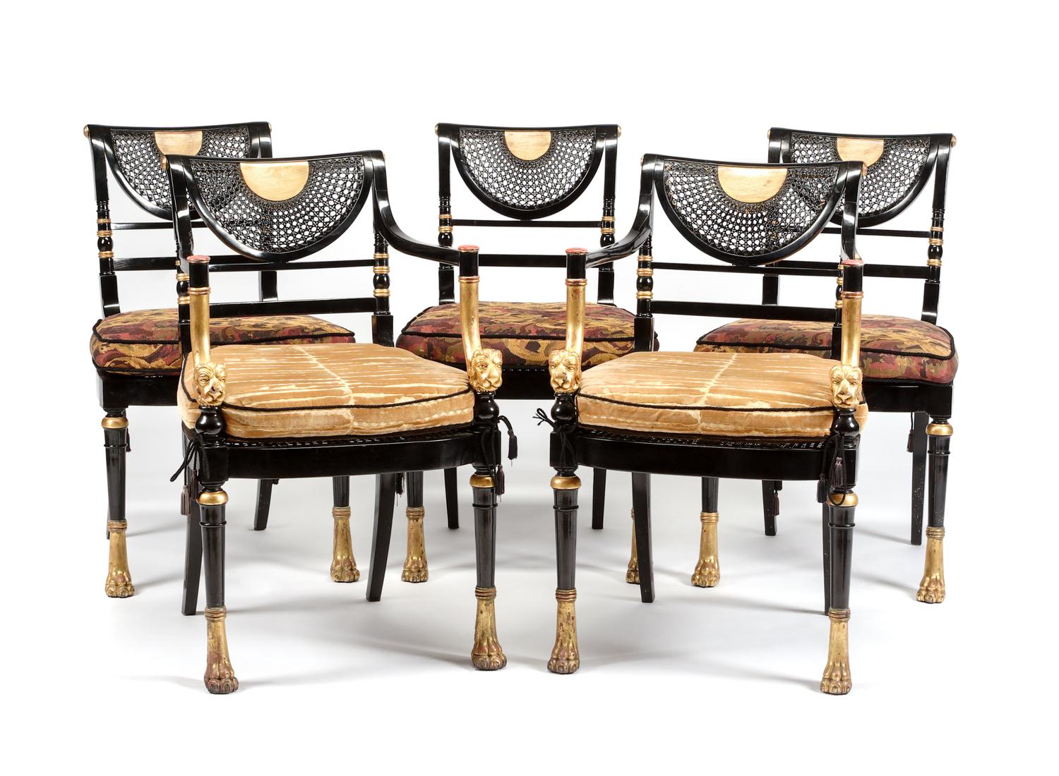 A Set of Twelve Regency Style Ebonized and Parcel Gilt Chairs Height 34 1/4 inches.