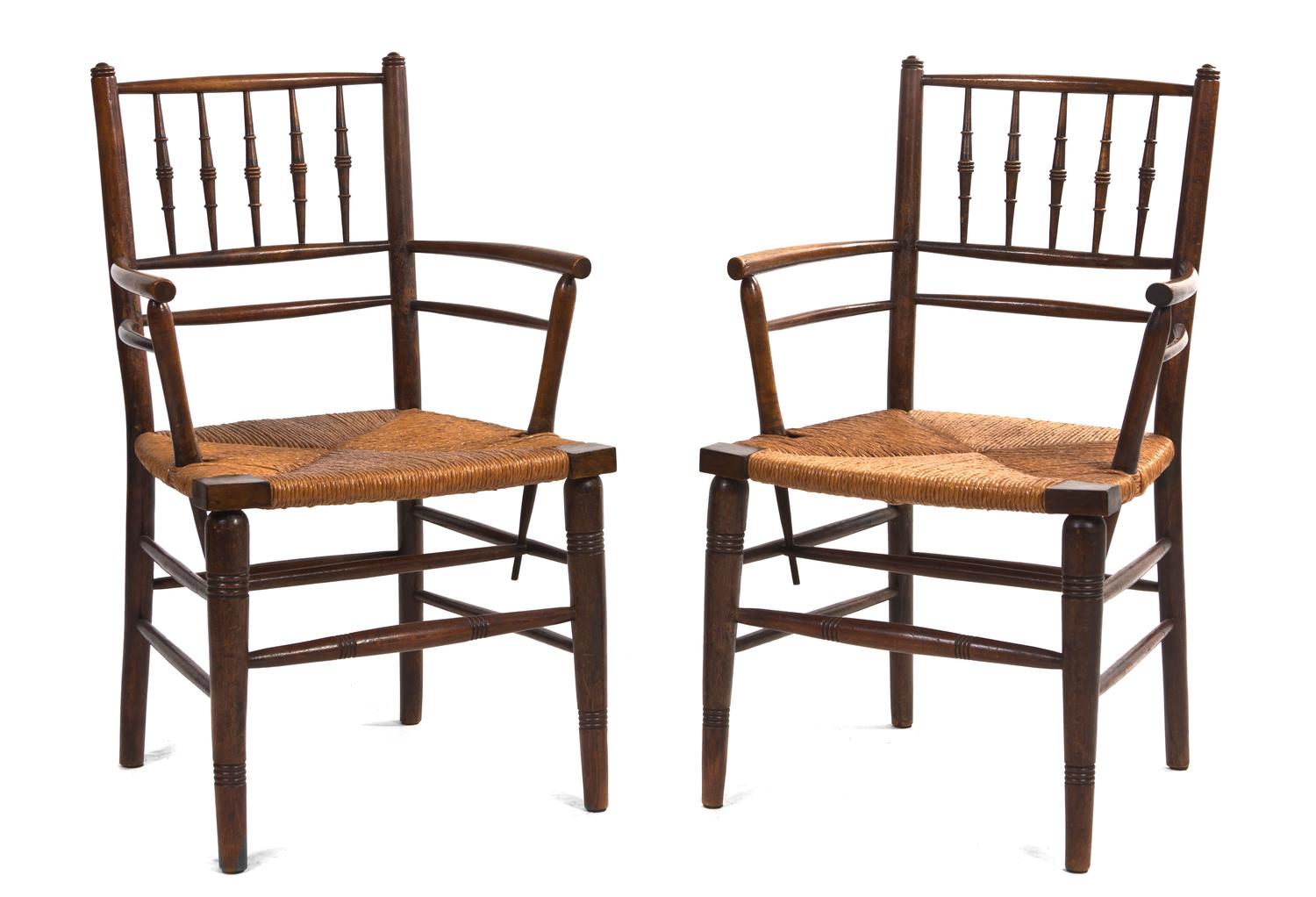 A Pair of William Morris Style Armchairs, Height 34 1/2 inches.