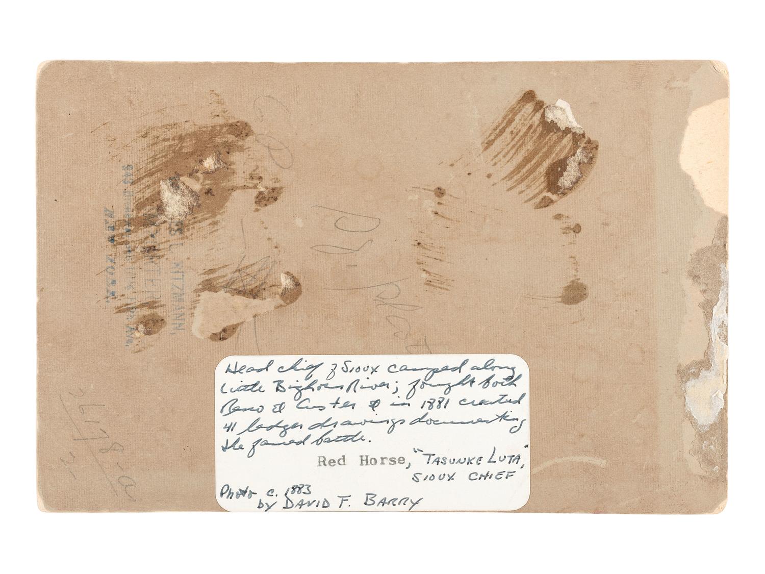 [NATIVE AMERICANS]. BARRY, David F. (1854-1934), photographer. Cabinet card of Lakota Chief Red Horse. West Superior, WI, ca 1883.
