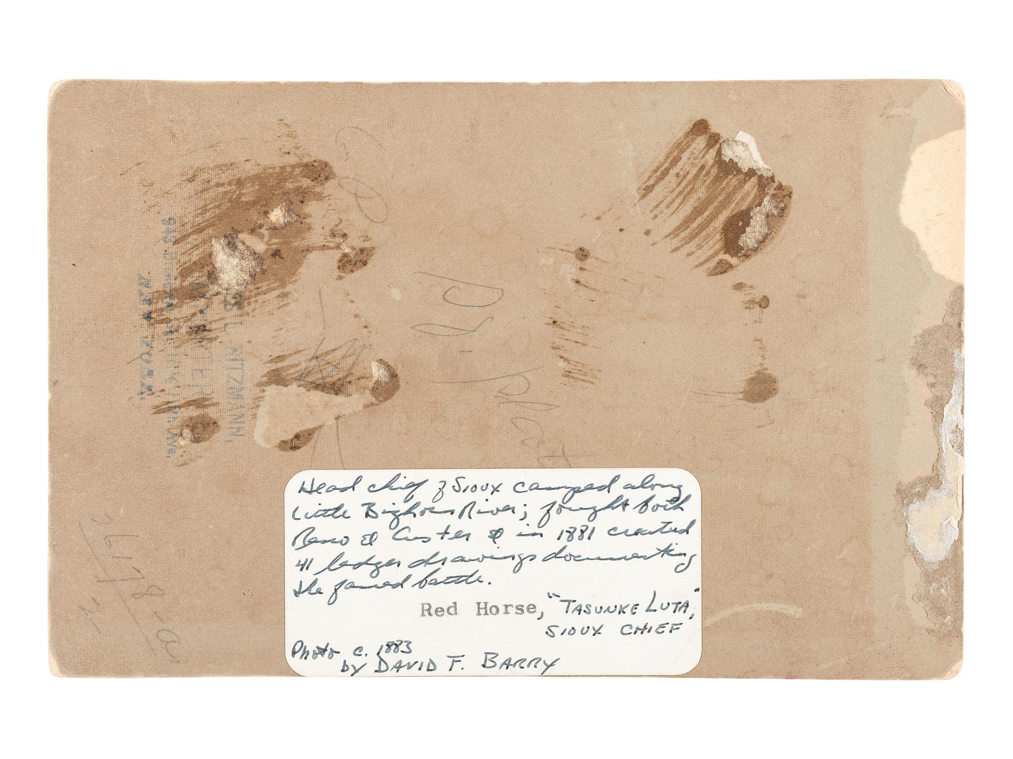 [NATIVE AMERICANS]. BARRY, David F. (1854-1934), photographer. Cabinet card of Lakota Chief Red Horse. West Superior, WI, ca 1883.