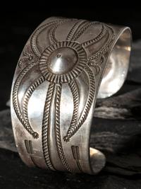 Navajo Heavily Stamped and Chiseled Ingot Silver Cuff Bracelet, with Repousse Accents