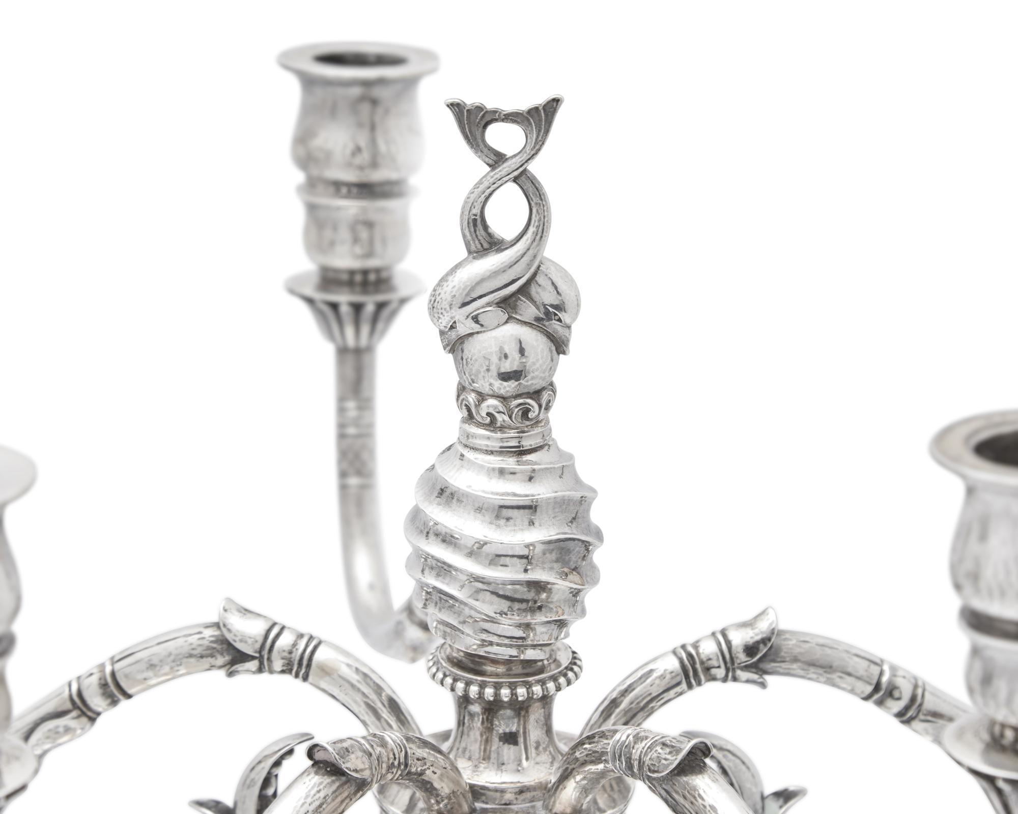 A Pair of Johan Rohde Designed Georg Jensen Silver Five-Light Candelabra