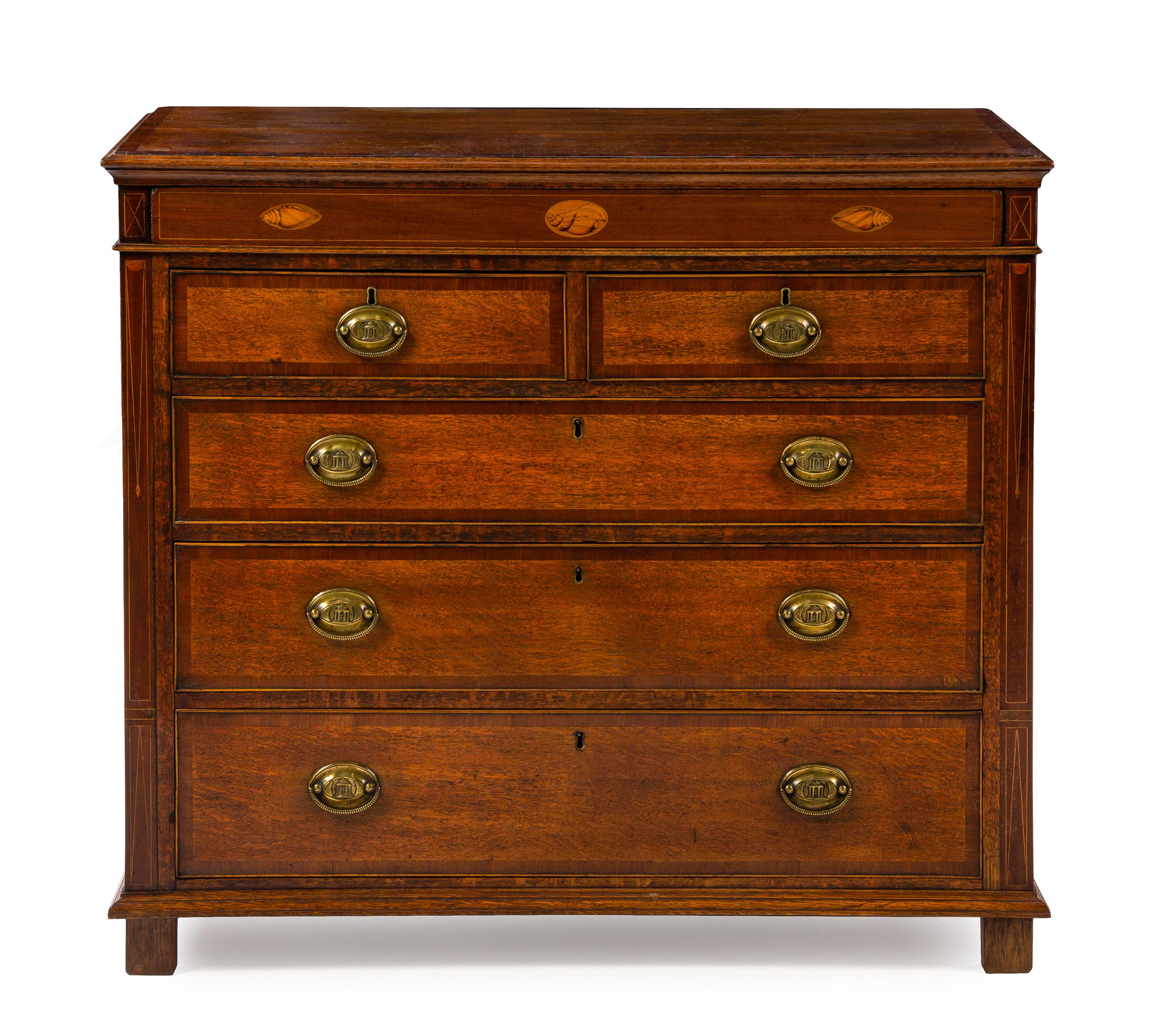 An American Oak and Marquetry Chest of Drawers Height 38 1/4 x width 43 1/4 x depth 20 1/2 inches. — 19TH CENTURY