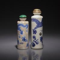 Two Chinese Blue and White Porcelain "Dragon" Snuff Bottles, 19th Century — 清晚期 青花龍紋鼻烟壺兩支