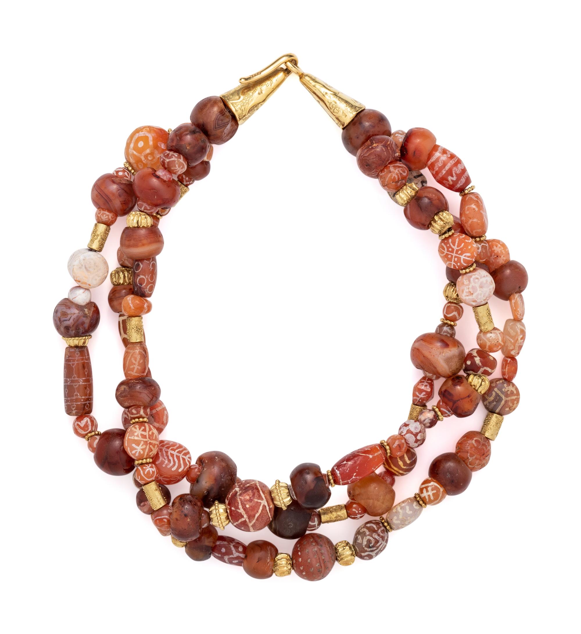 ELIZABETH GAGE, ANCIENT CARNELIAN AND YELLOW GOLD BEAD NECKLACE
