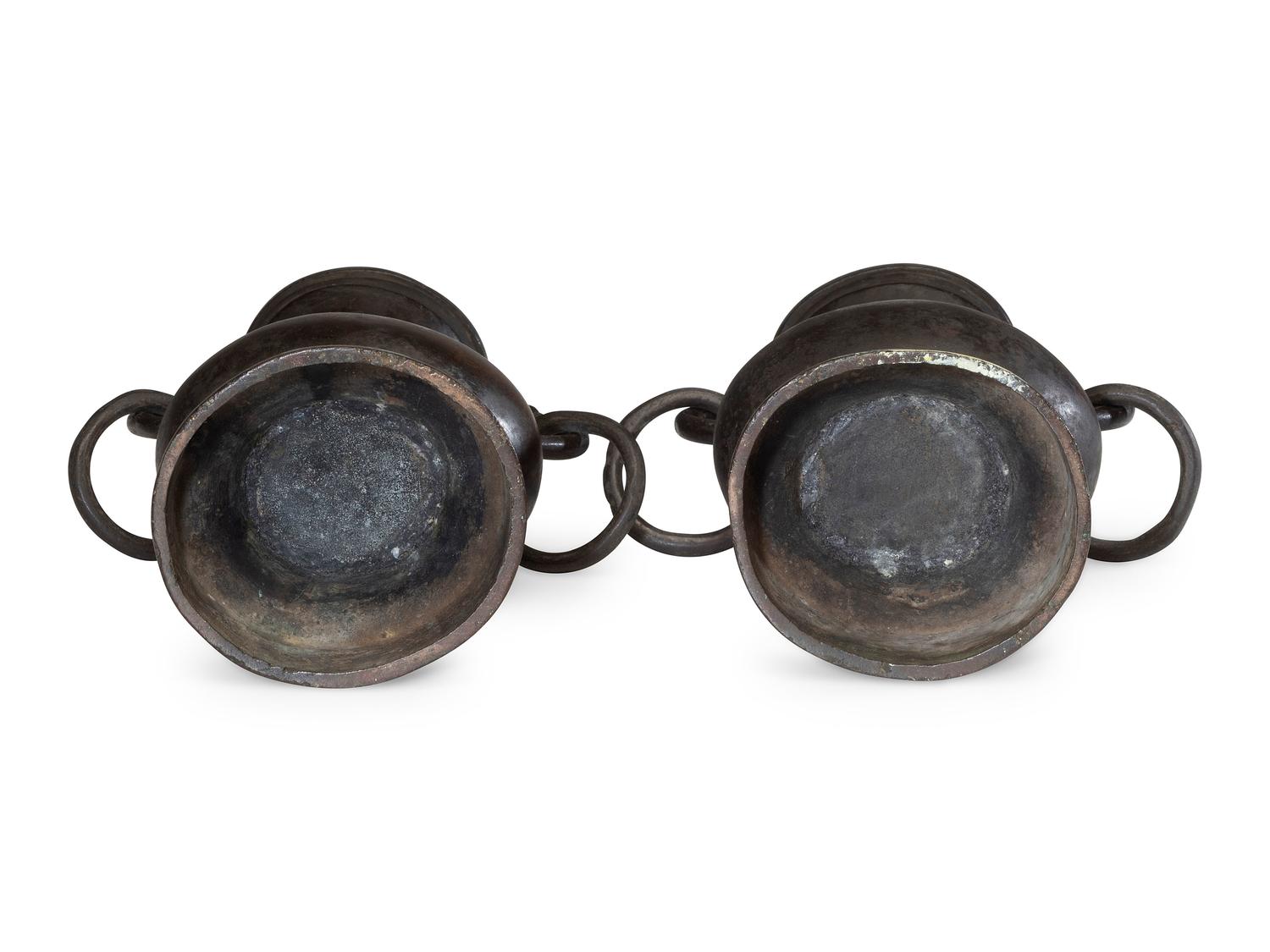A Pair of Chinese Ming Style Bronze 'Mythical Beast' Handled Vases