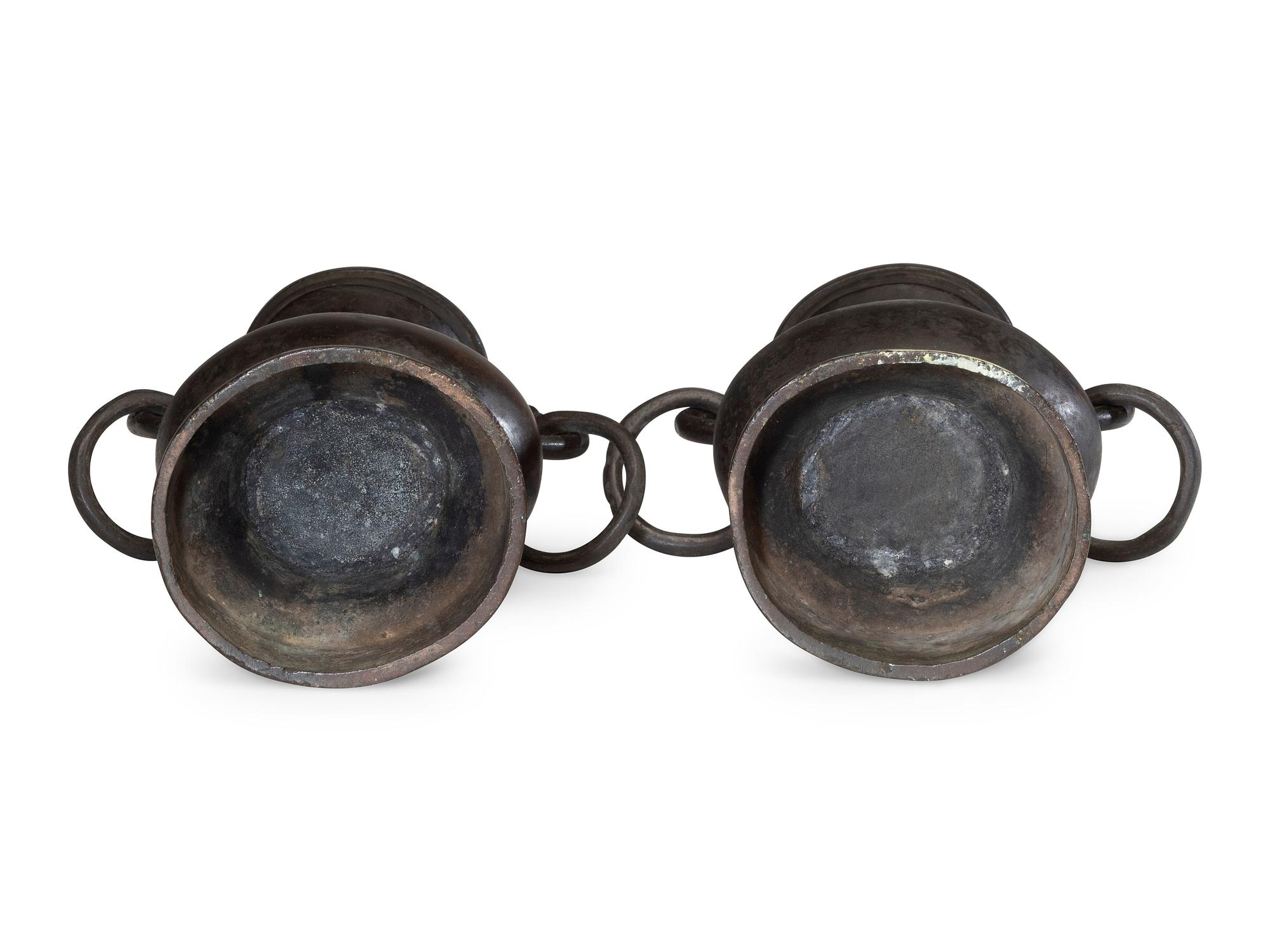 A Pair of Chinese Ming Style Bronze 'Mythical Beast' Handled Vases